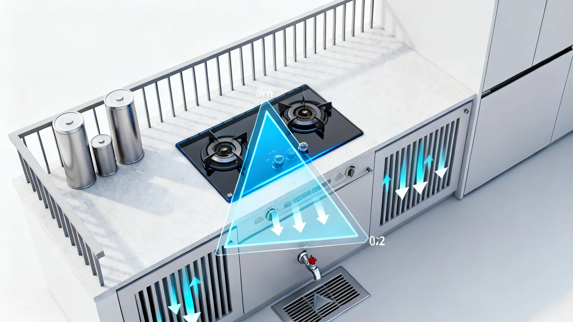 Top-down diagram showing cylinder placed outside the cook zone with vented enclosures and accessible shutoff.