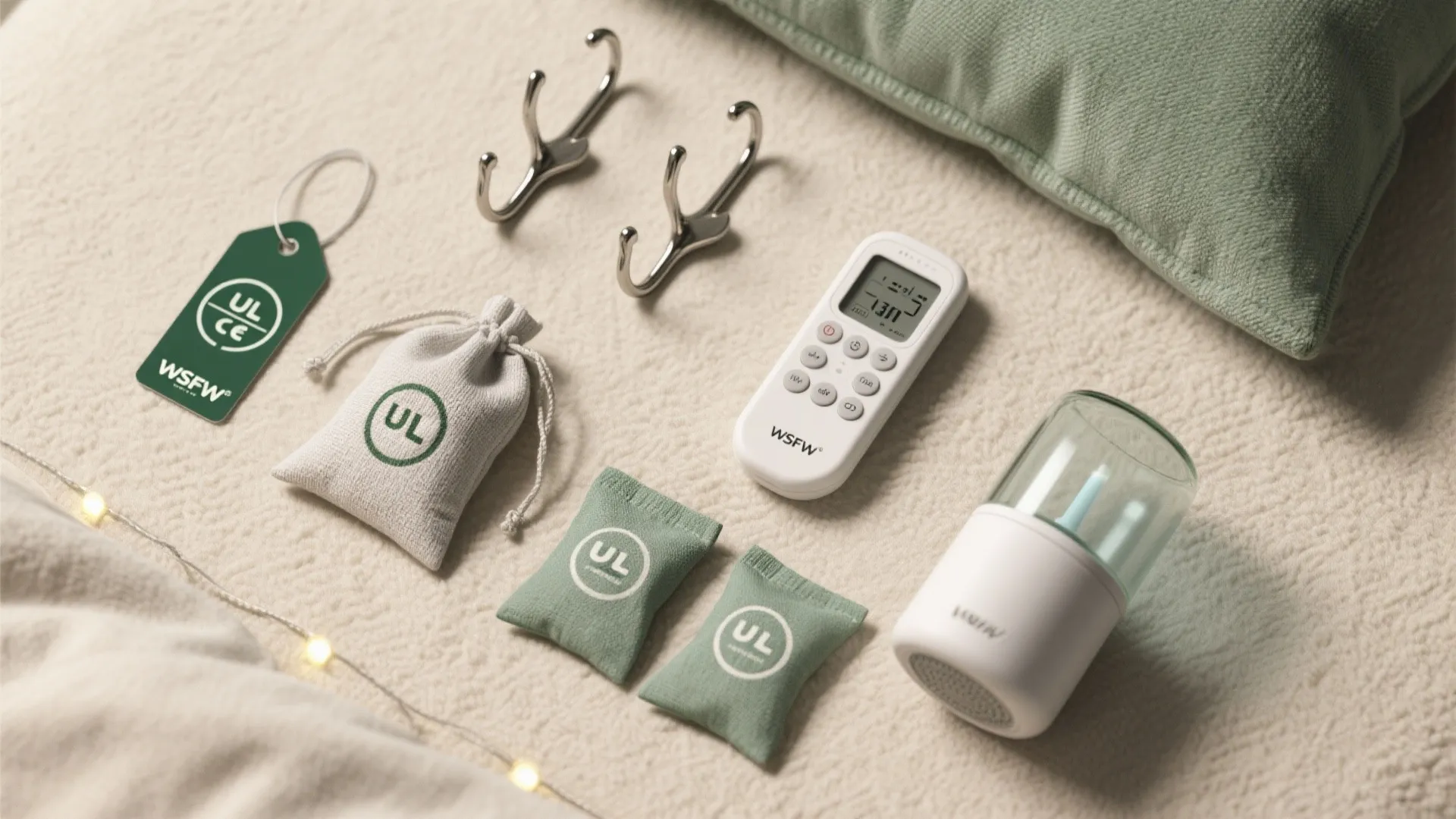 Collection of white smart home devices and small cloth bags placed on a beige blanket