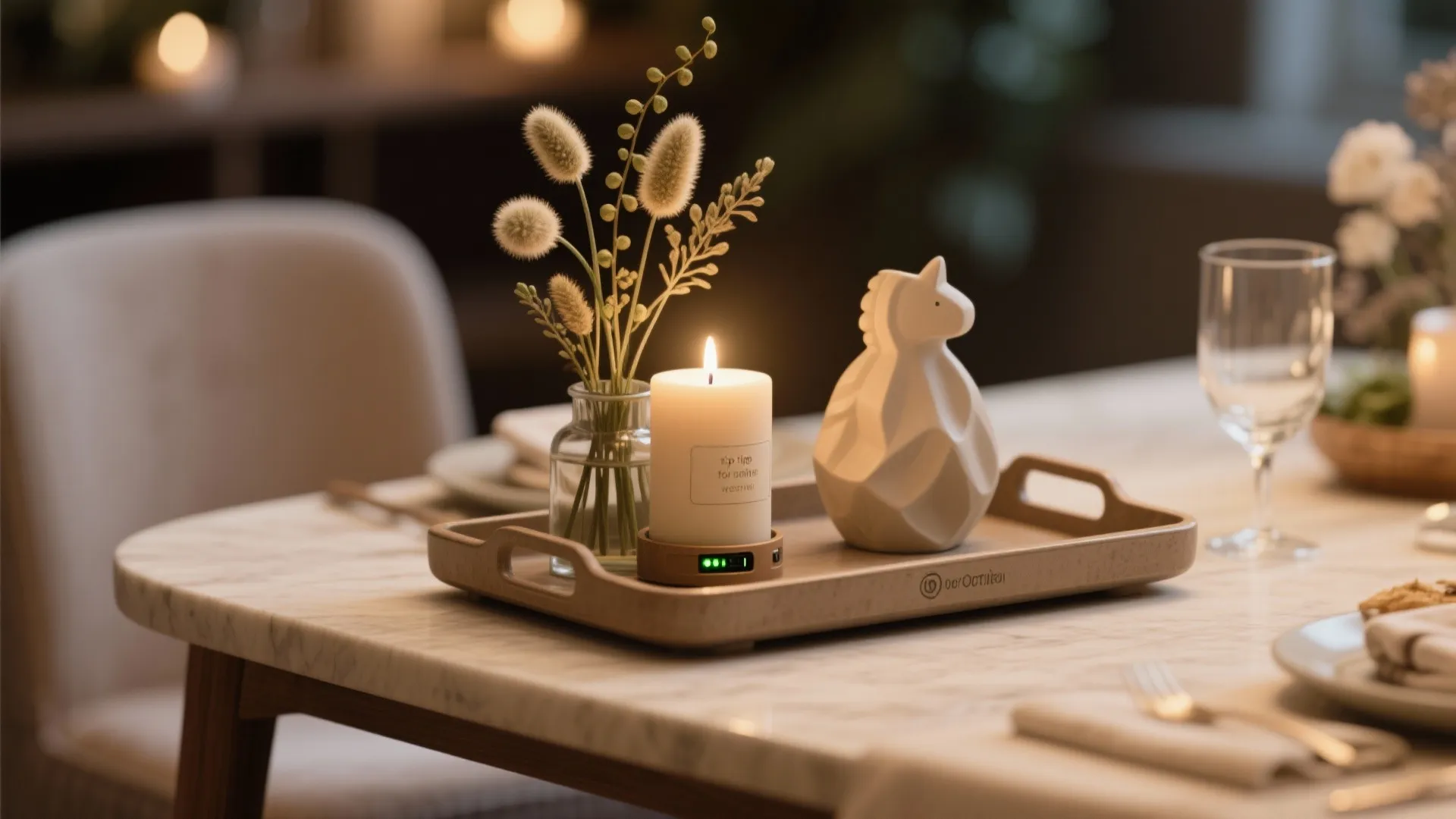 Table tray holding a lit white candle and white animal figure on a marble dining table