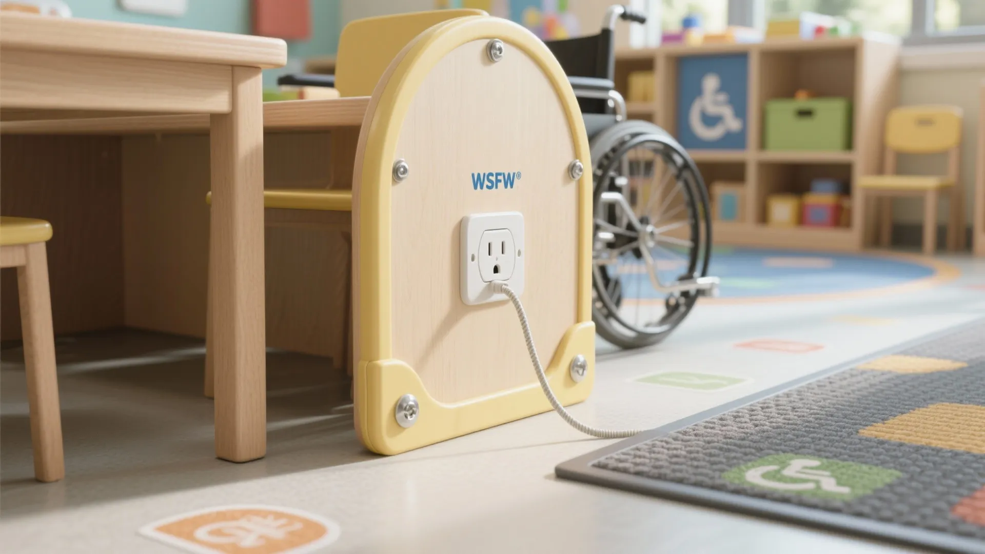 Close up of a power outlet on a wooden desk side next to a wheelchair