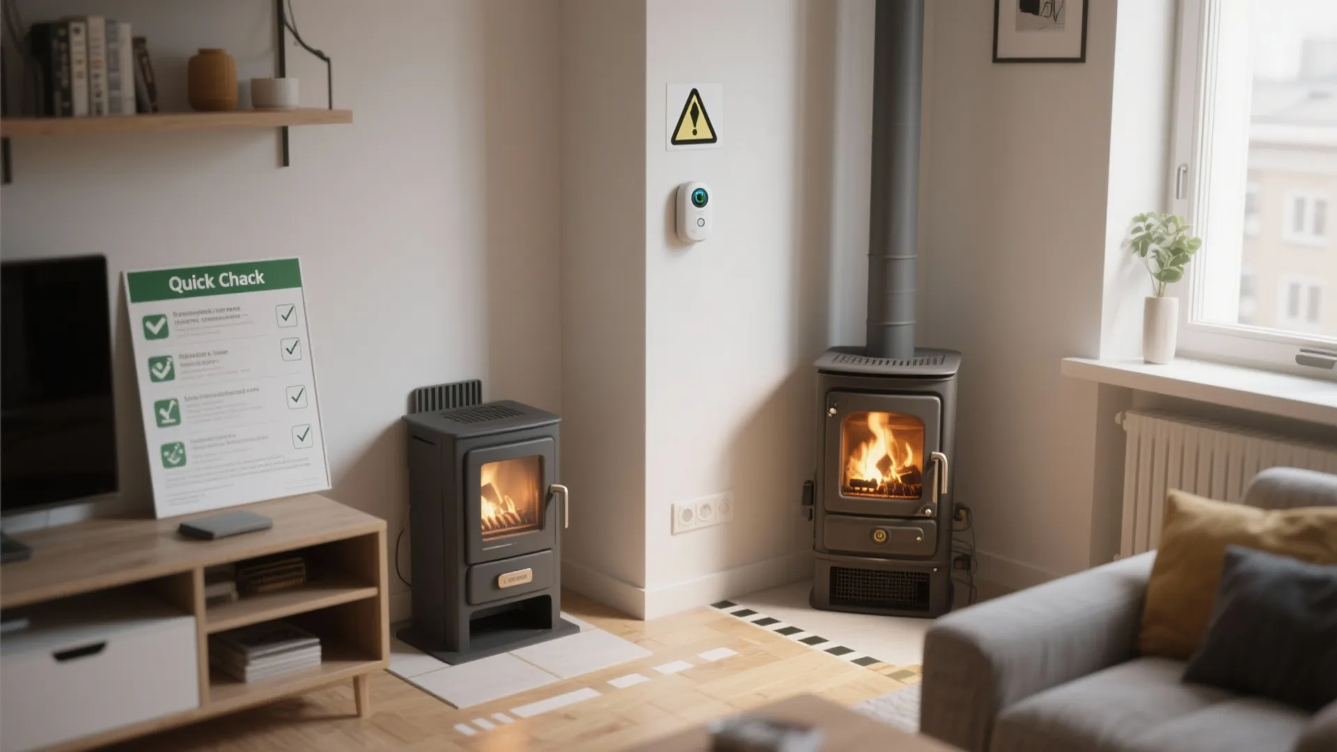 Modern living room showing two different wood stoves and a safety checklist on the table