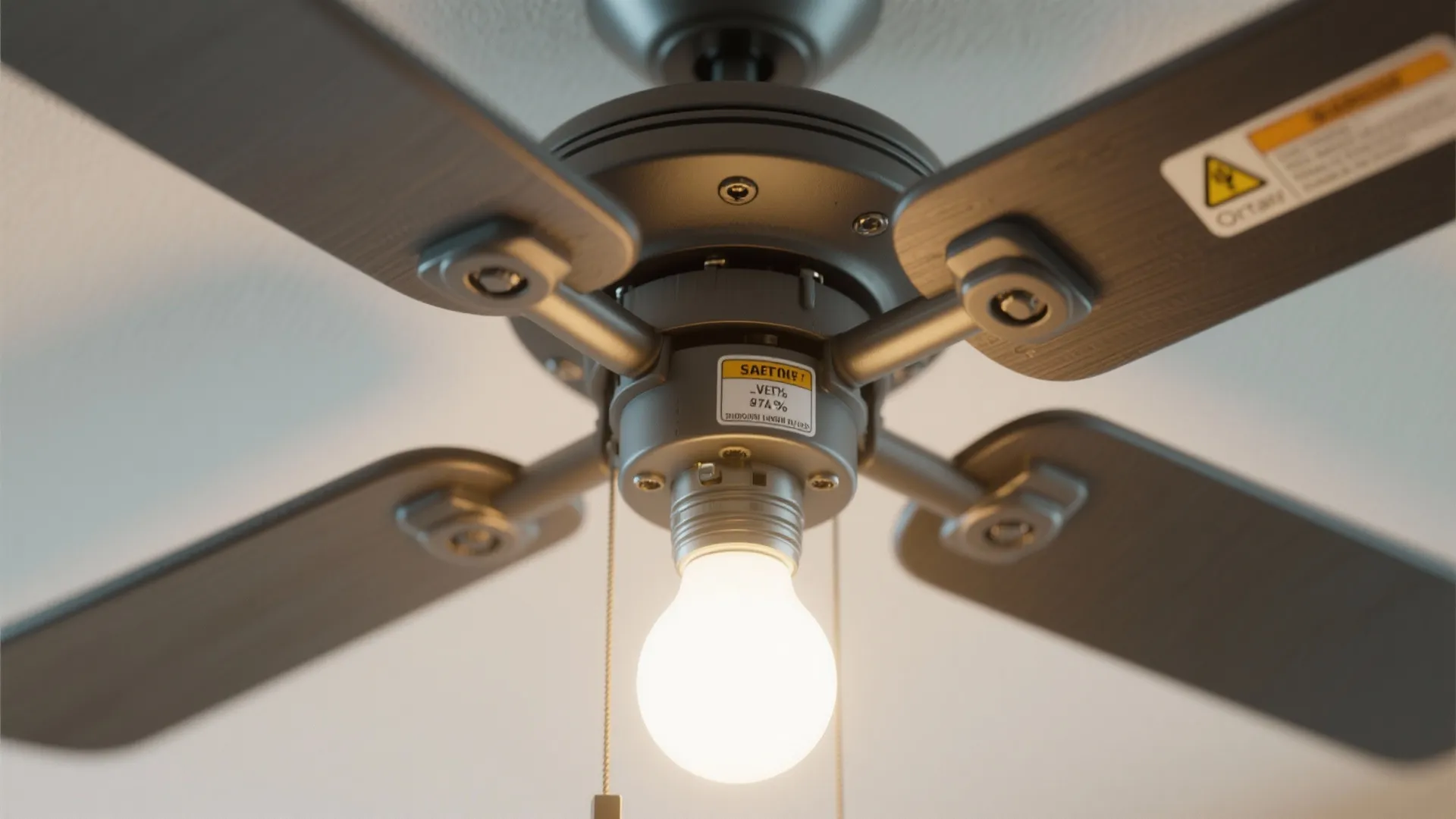 Black ceiling fan with one bright light bulb and yellow safety labels on the metal motor