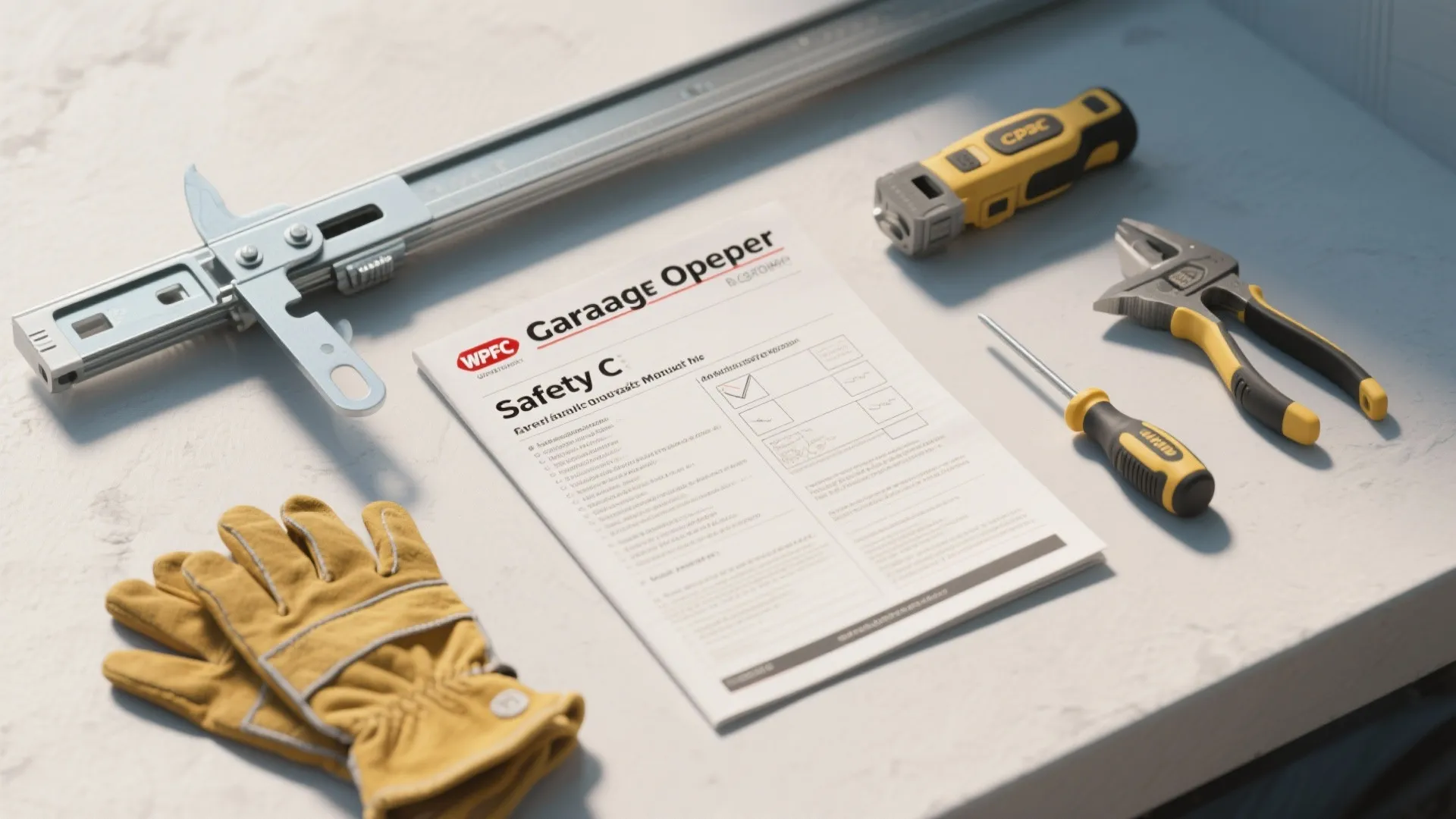 Safety manual for garage door opener with gloves screwdriver and tools on a white counter