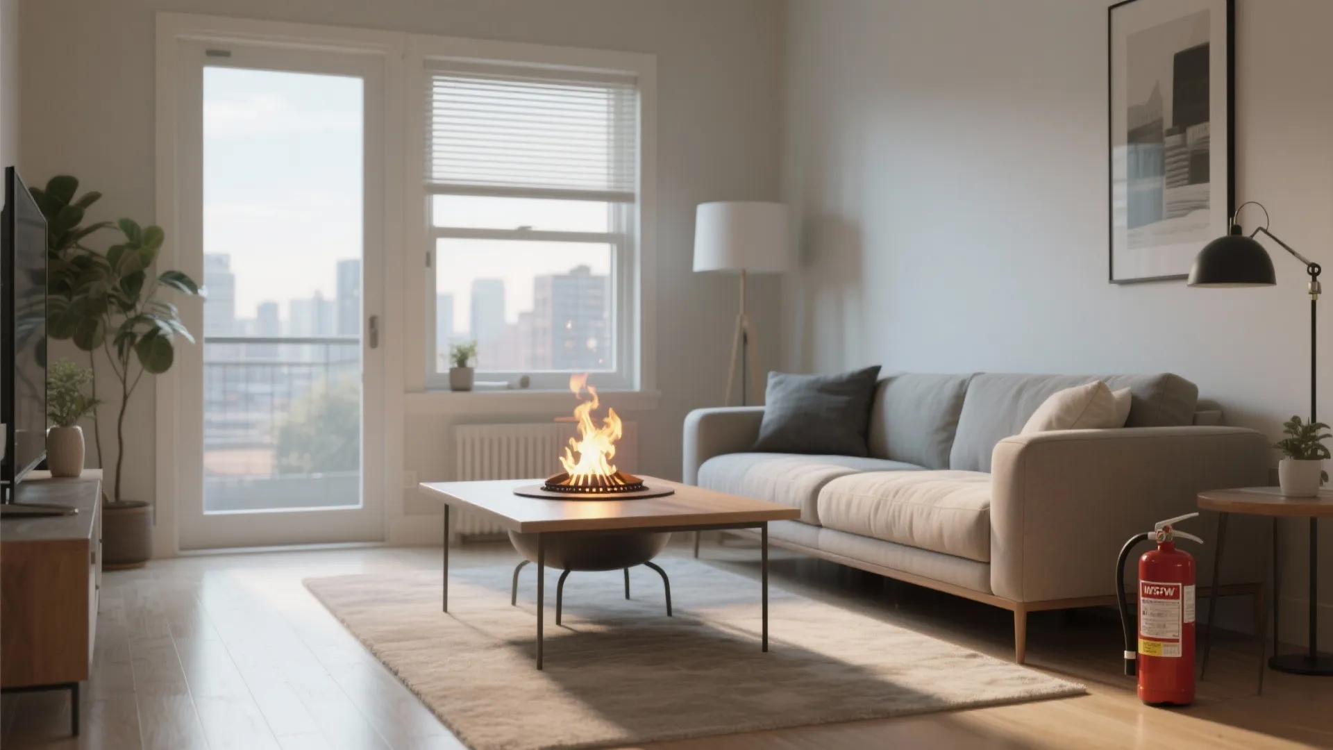 Modern living room featuring grey sofa coffee table fire pit and one red fire extinguisher