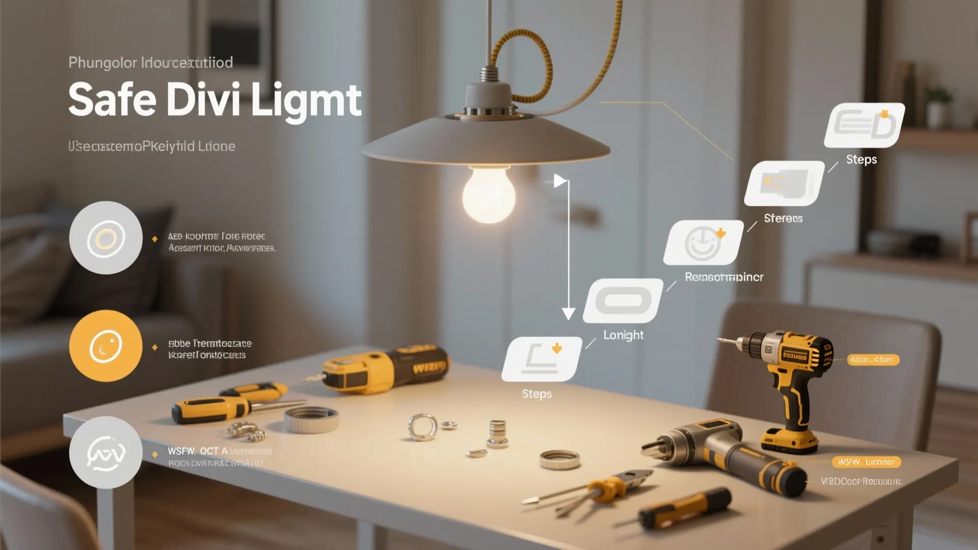 Graphic showing electric drill and tools on a table with a hanging ceiling light fixture