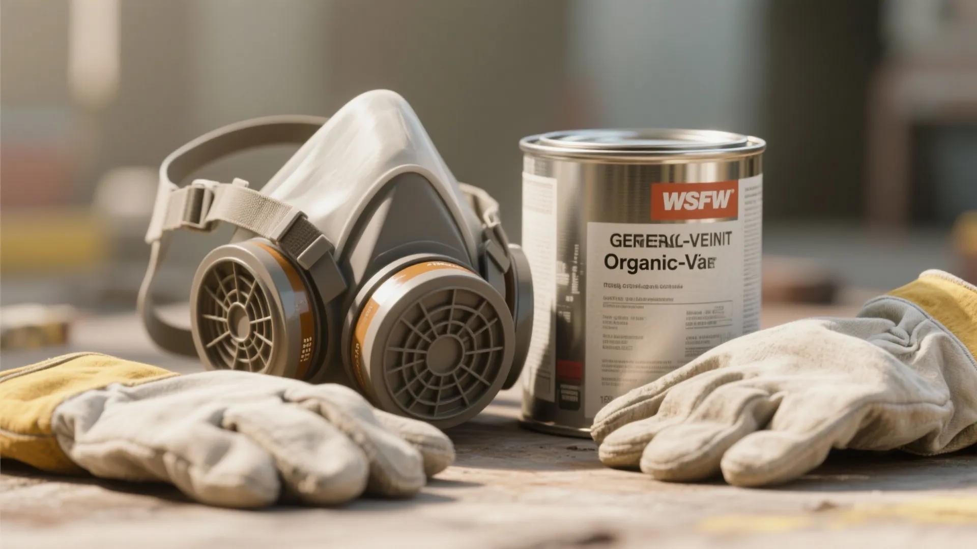 Safety equipment including a grey breathing mask metal paint can and yellow work gloves on wood