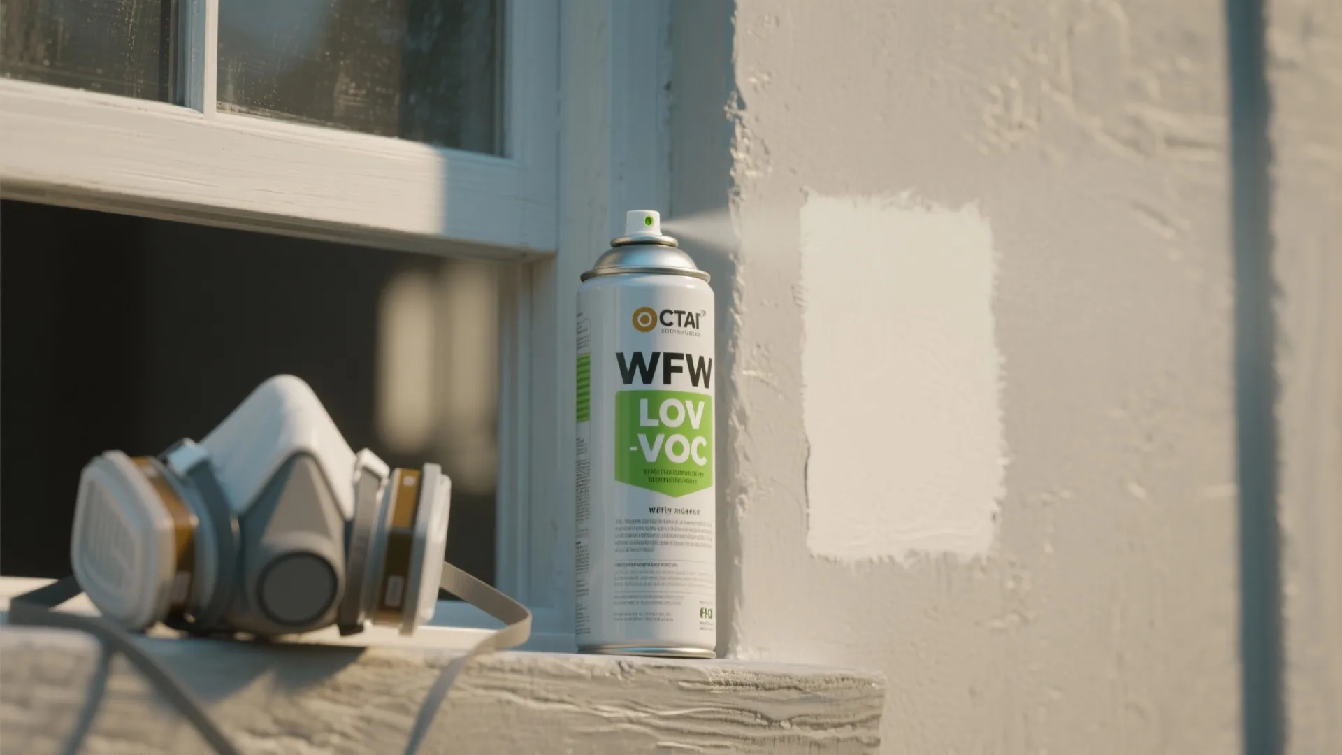White spray paint can and safety mask on window ledge for interior home renovation project