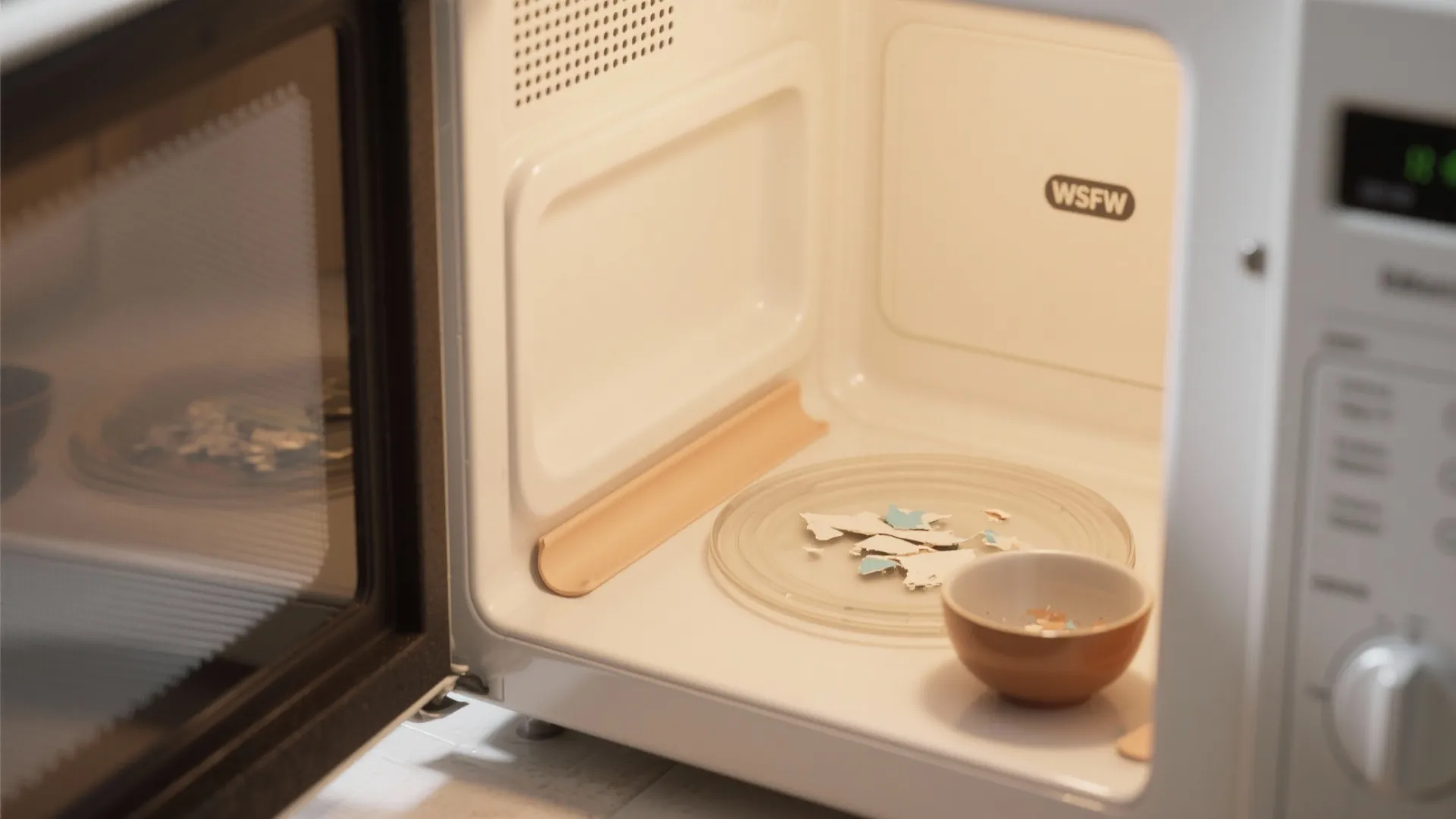 Clean microwave interior with a silicone liner and a small bowl collecting paint flakes to emphasize safety and maintenance.