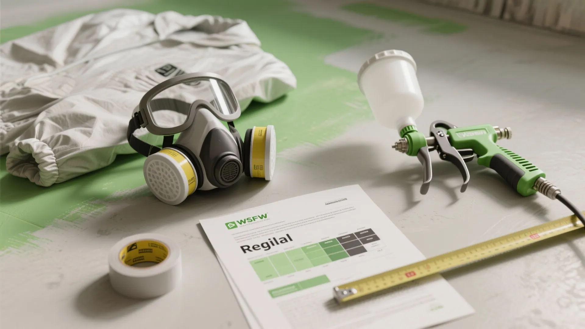 Safety mask and white work suit with green paint sprayer on table for painting safety