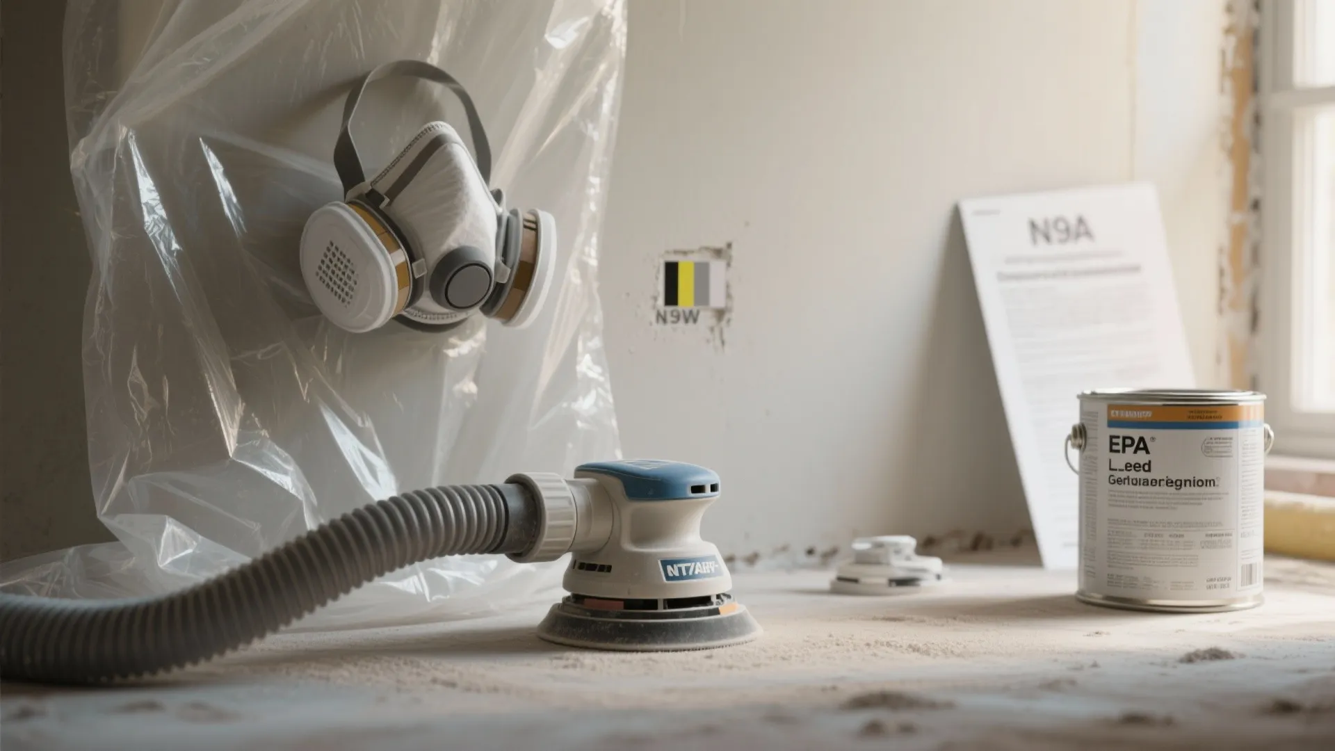 Safety face mask hanging on plastic wrap next to a sanding tool and paint can