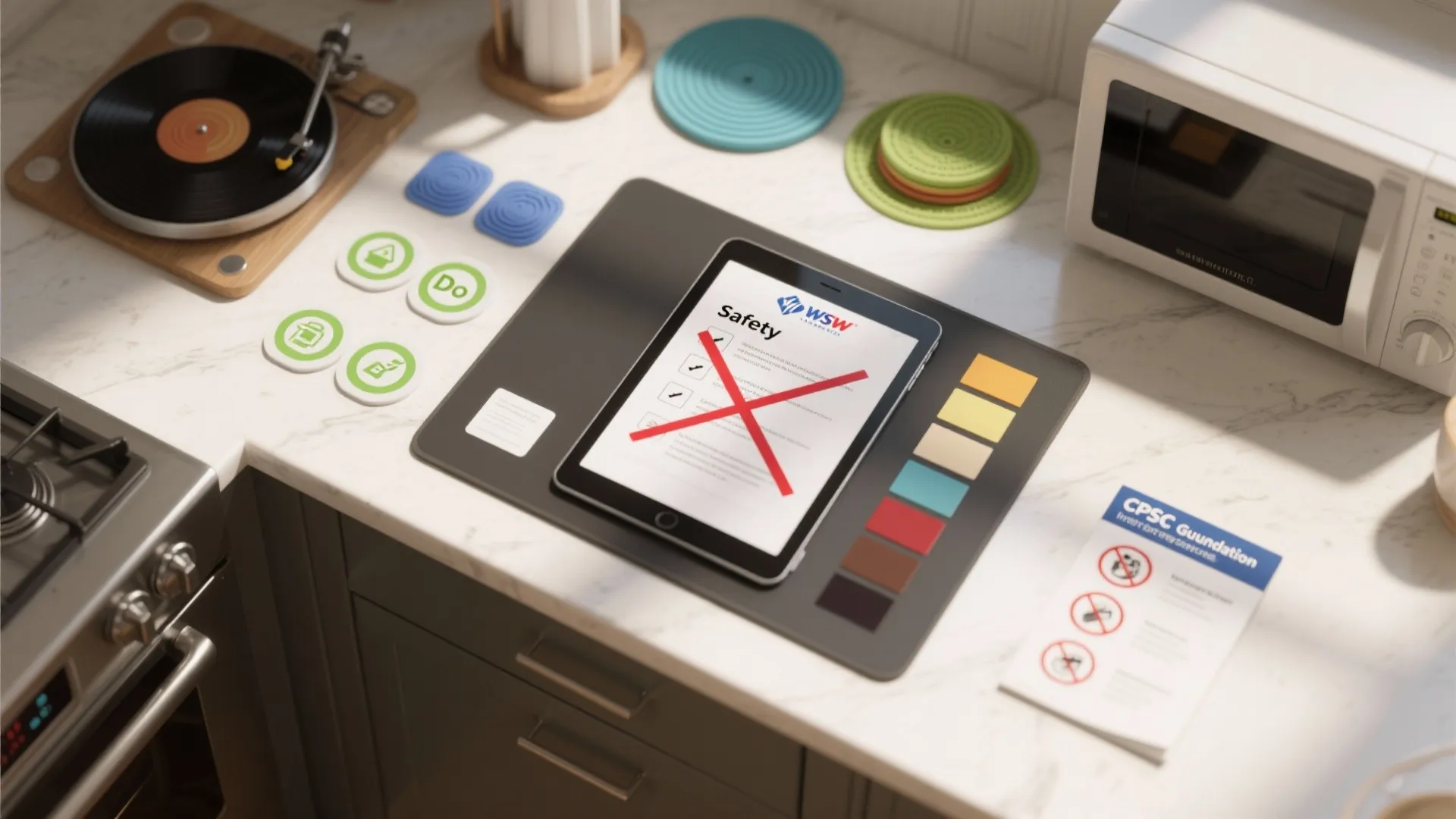 A tablet showing a safety checklist with a red cross mark on a kitchen marble countertop