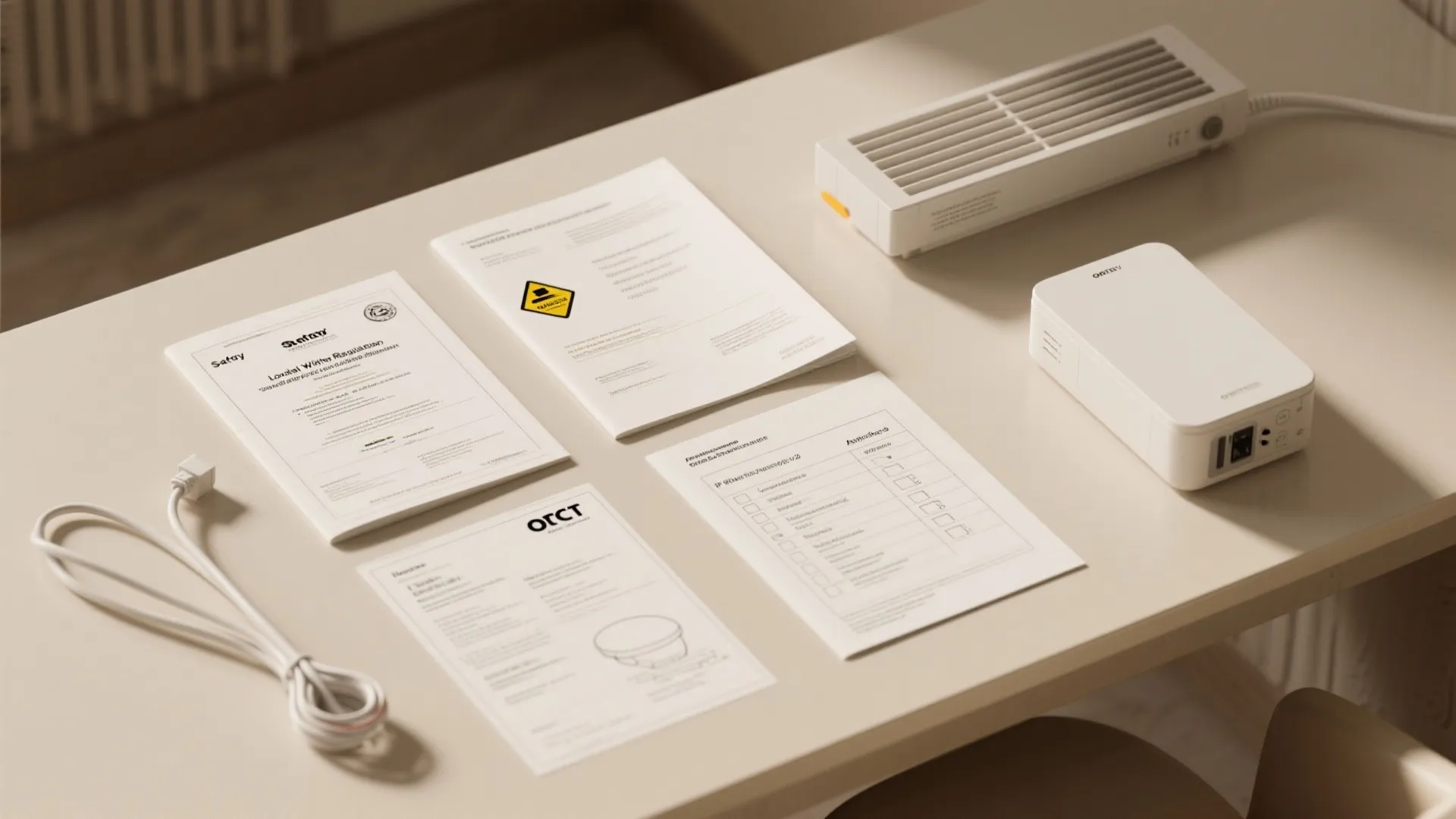 Flatlay of safety certificates and wiring guidance materials for bathroom heater installations