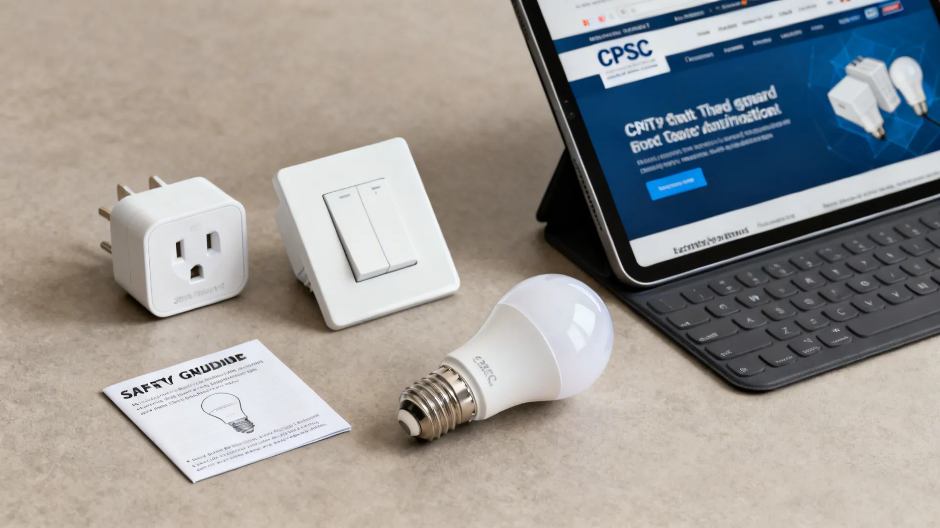 Smart plug, wall switch adapter and LED bulb with a safety guide and tablet showing guidelines.