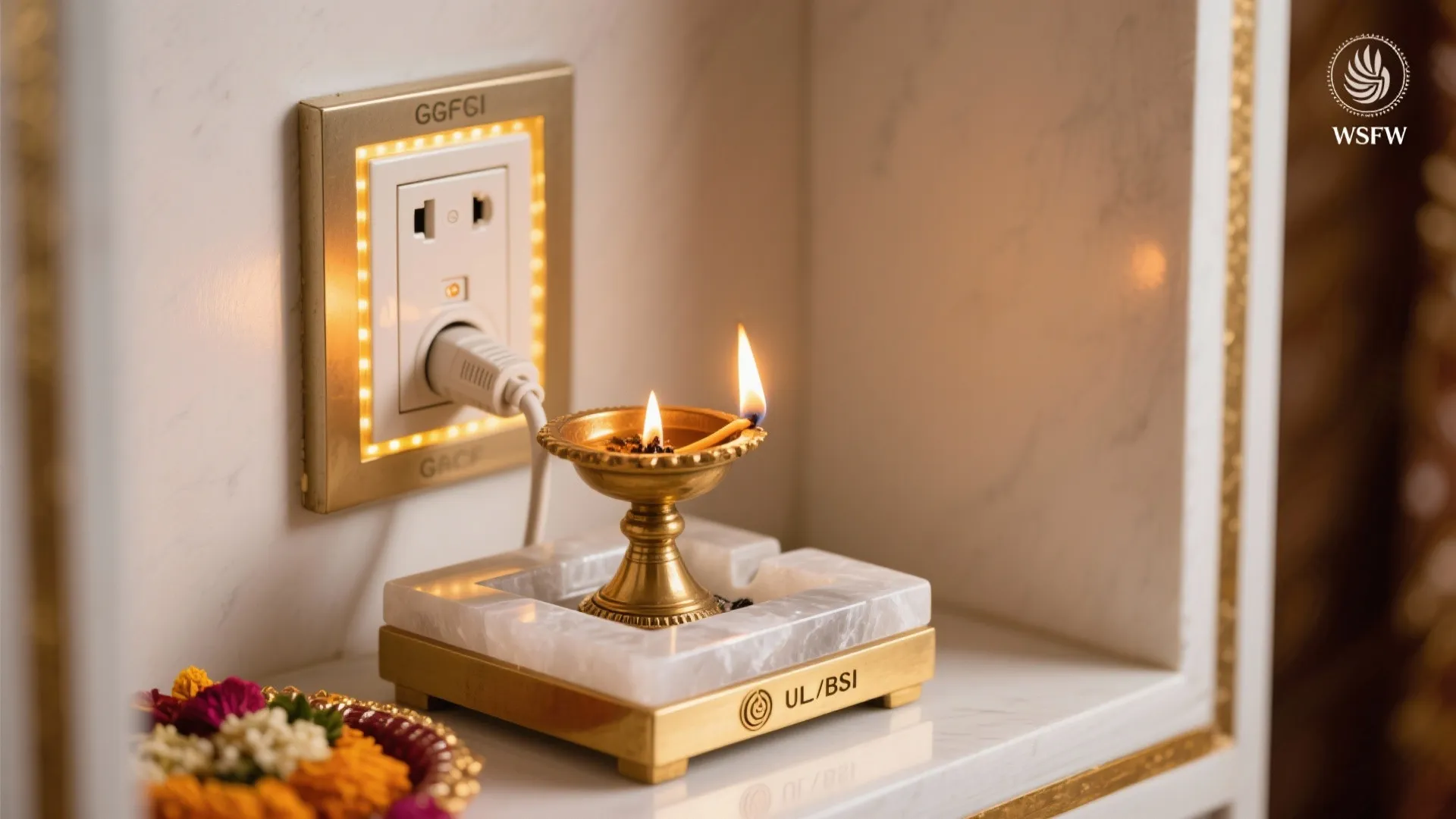 Macro detail of quartz base, pull-out ash tray, and safe electrical diya at a GFCI outlet.