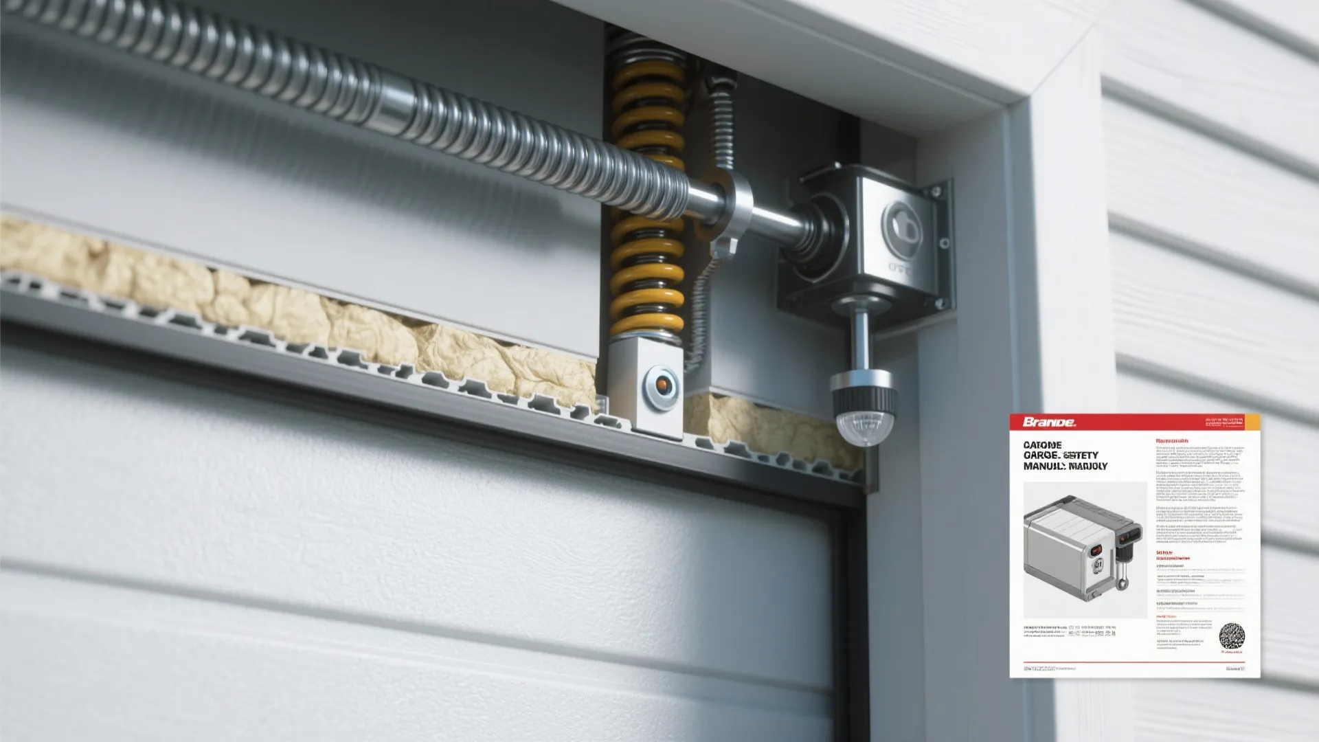 Detailed close-up of a garage door safety system showing metal spring and safety manual page
