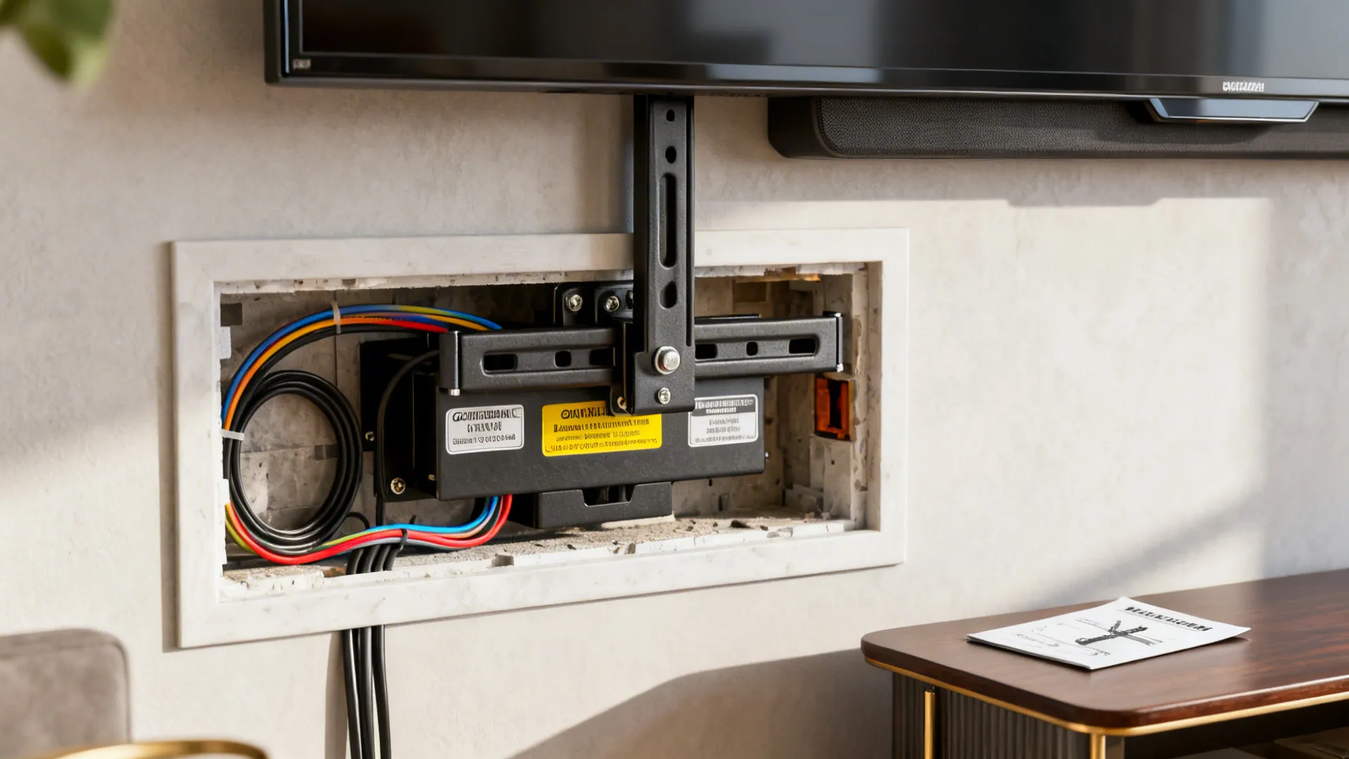 Close-up of in-wall cable kit, tilting TV mount and fireplace clearance labels for safe installation.