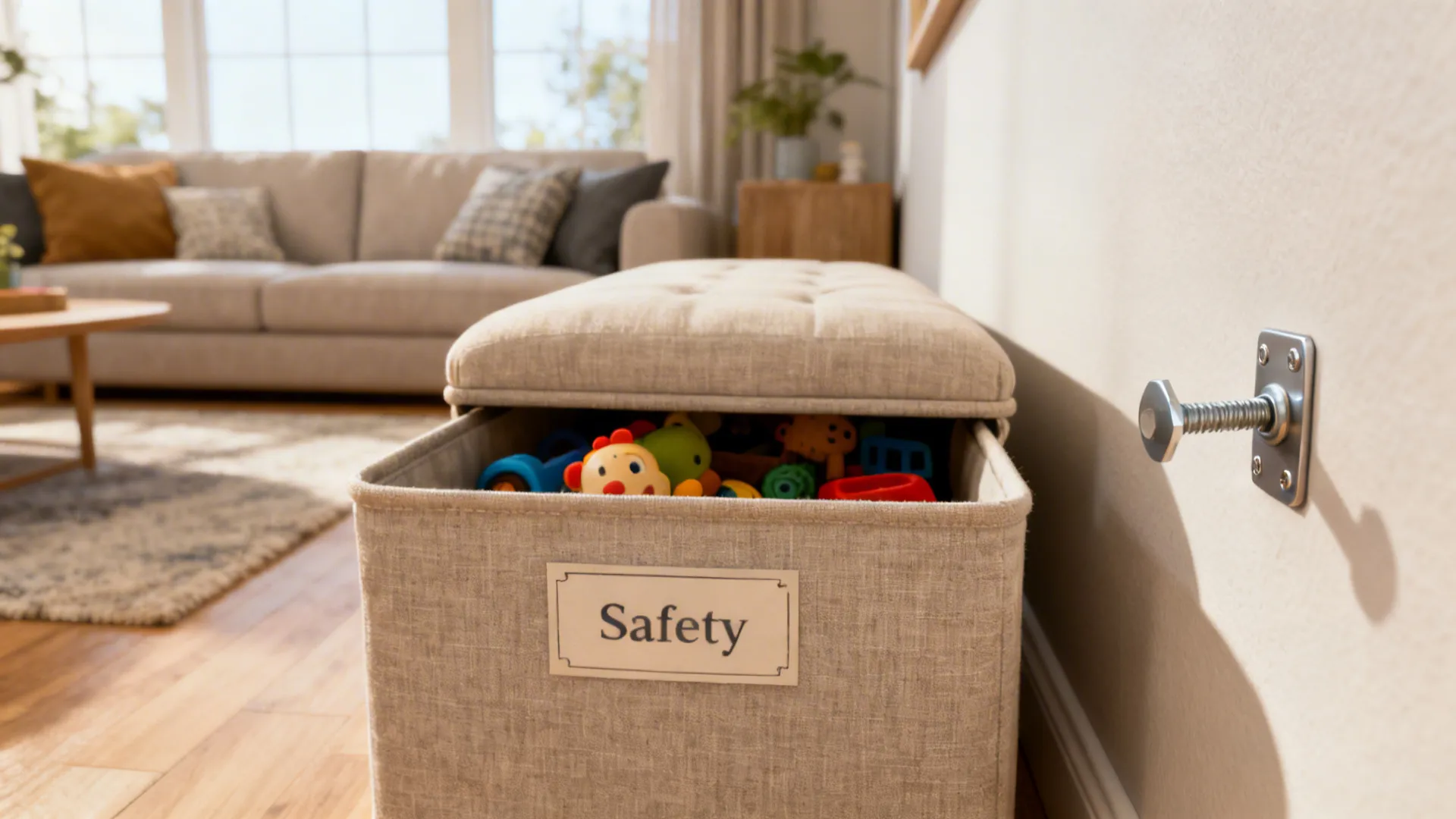 Labeled fabric bin, open storage ottoman and wall anchor close-up showing safe toy storage practices