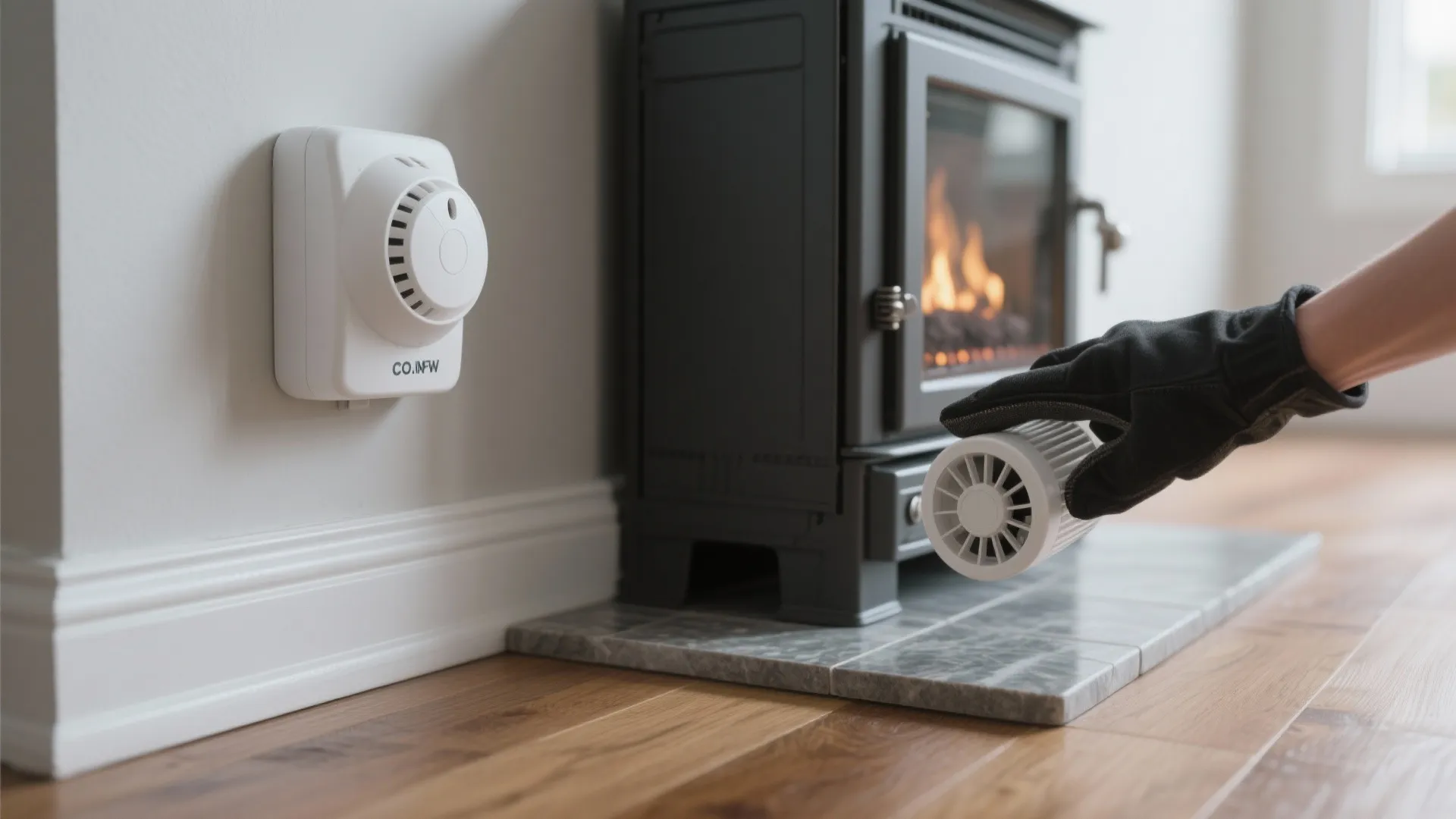 Macro of CO/smoke alarm and hearth pad edge near a pellet stove, emphasizing safety and maintenance.