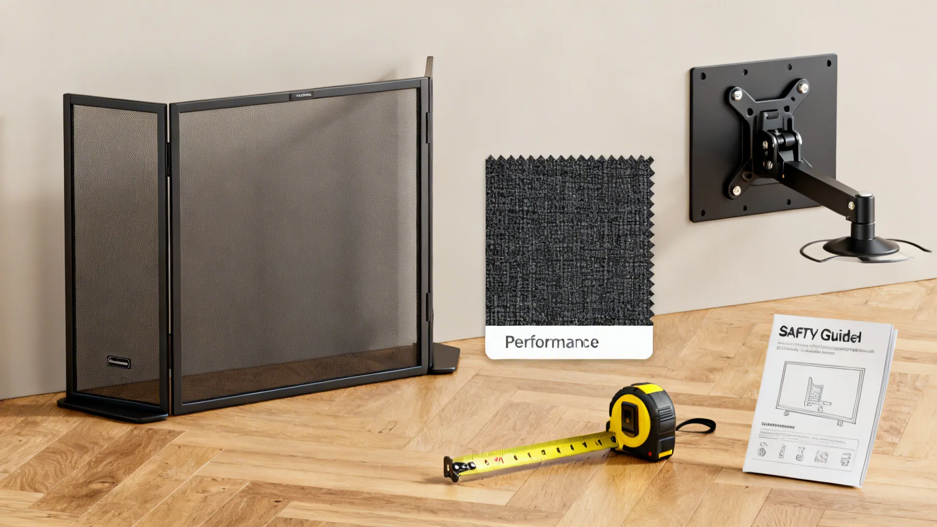 Collage of hearth screen, fabric swatch, TV mount, measuring tape, and safety guideline booklet for fireplace planning.