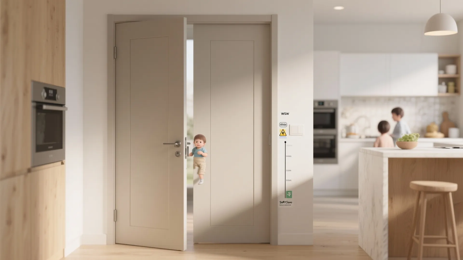 Double-acting kitchen door with visible soft-close hinge and child-safe details, showing family-friendly design.