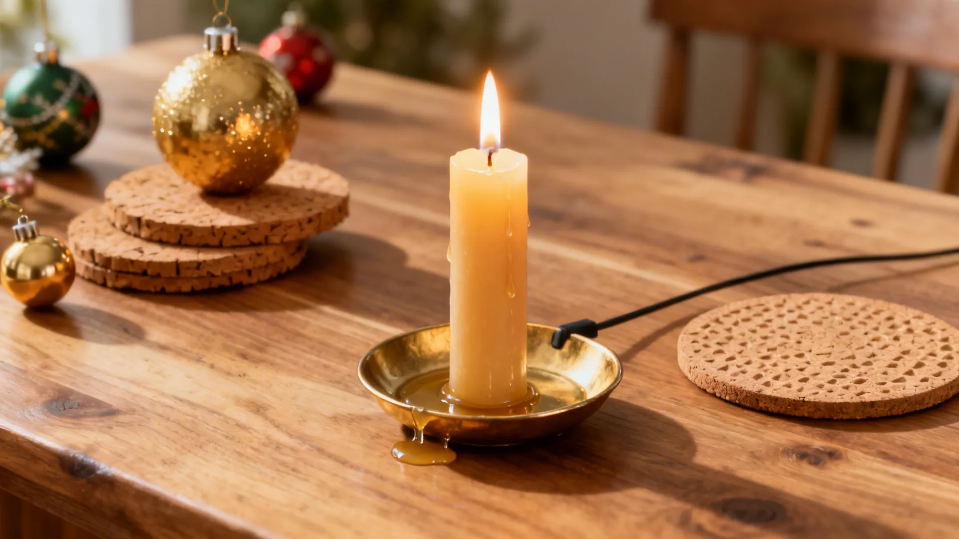 Battery candle, drip tray, cork pads and heat-resistant coaster demonstrating centerpiece safety
