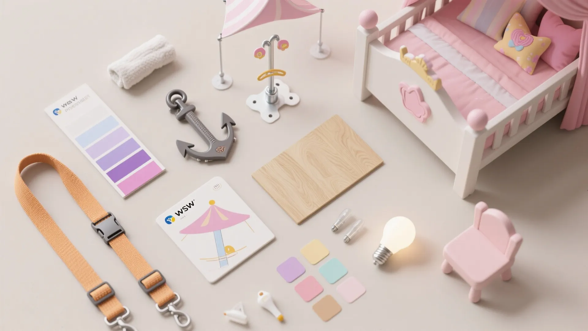 Kids bedroom safety items including a small bed light bulb straps and pink chair furniture