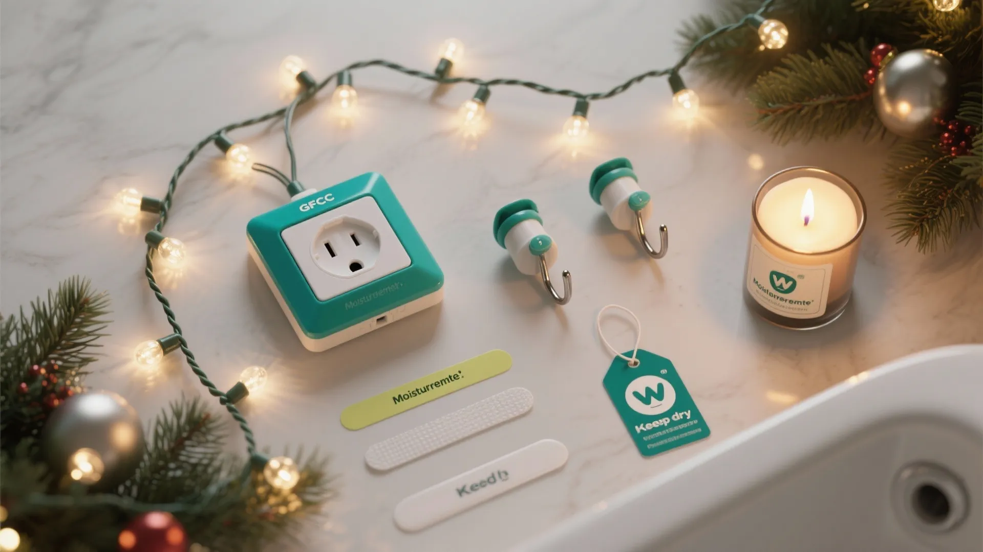 Safety items including green wall outlet hooks and candle placed on marble surface with lights