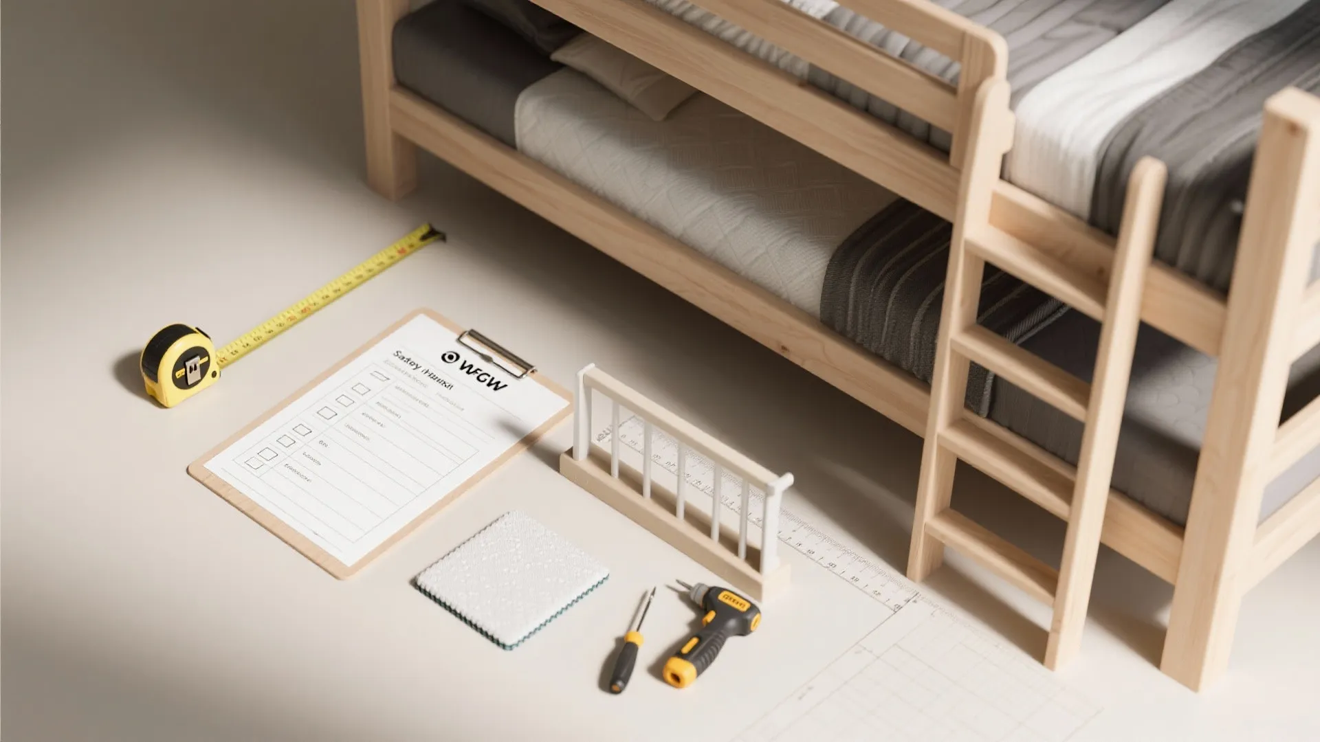 Safety checklist with measuring tape screwdriver and small tools laid out next to wooden bunk bed