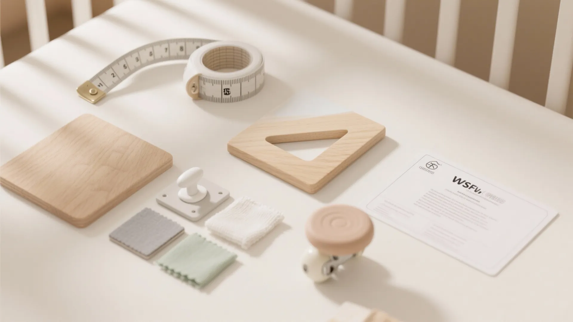 Flat lay of nursery furniture assembly tools including measuring tape wooden blocks and safety papers
