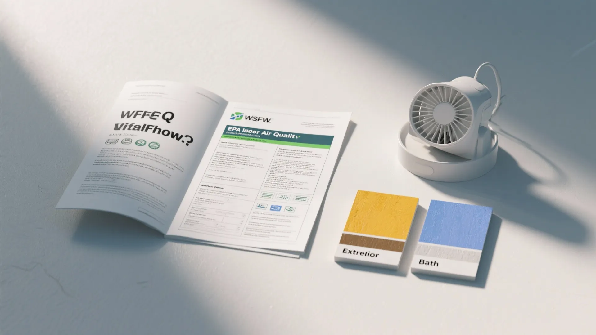 Open information booklet about air quality next to a small white fan and color samples
