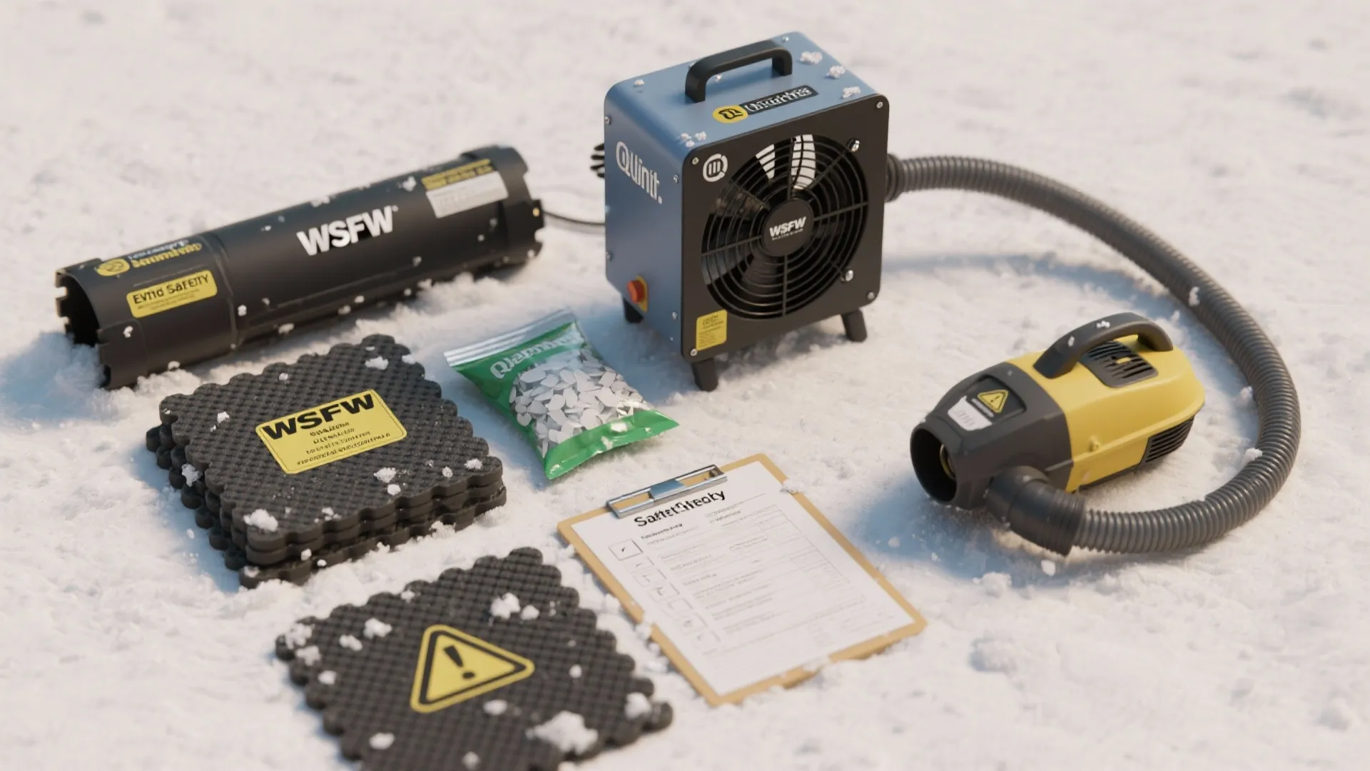 Winter safety equipment including heater fan mats and clipboard placed on white snow for winter maintenance