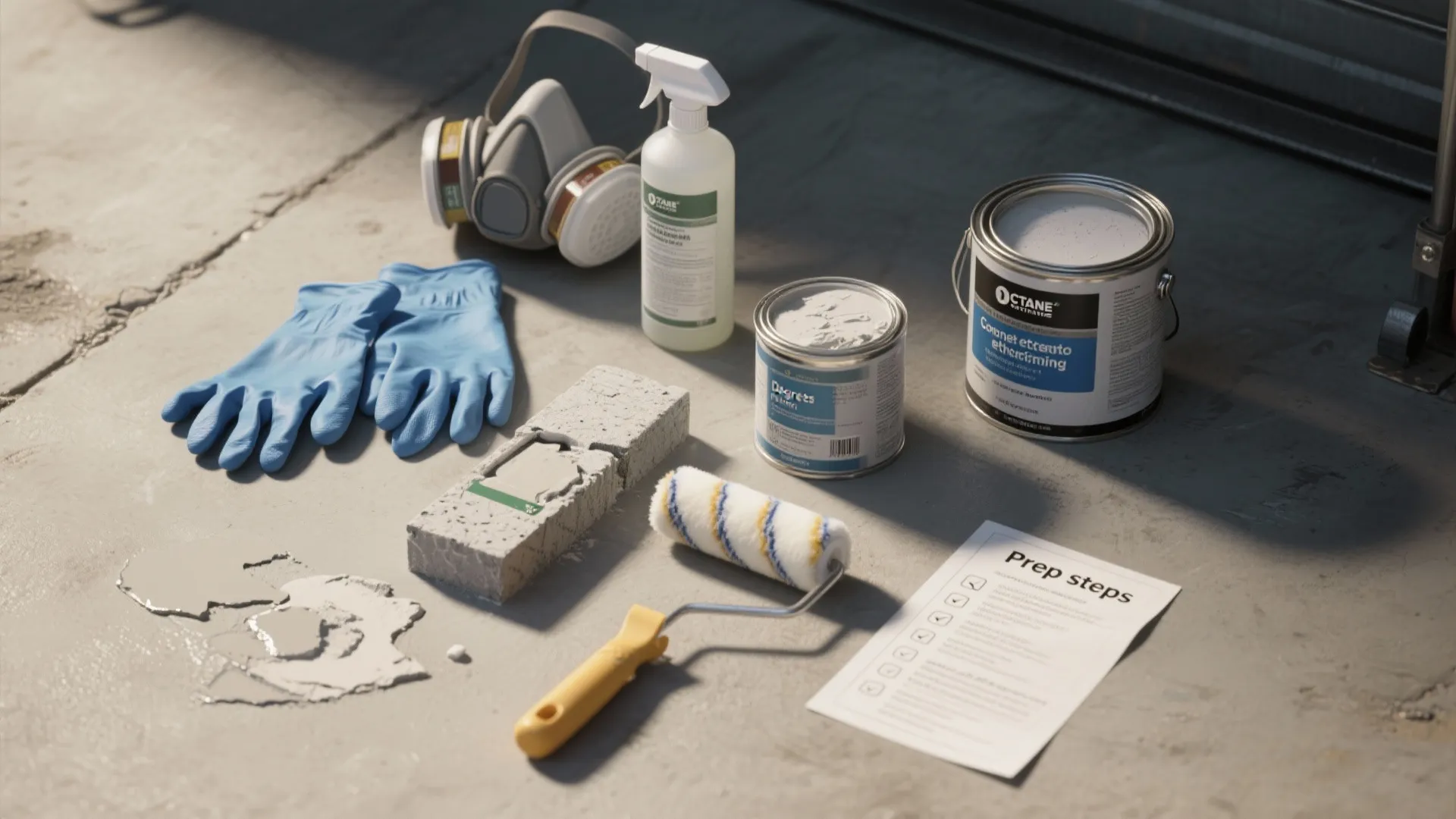 Flatlay of safety and prep gear for painting a garage, including respirator, degreaser, primer, and patching supplies.