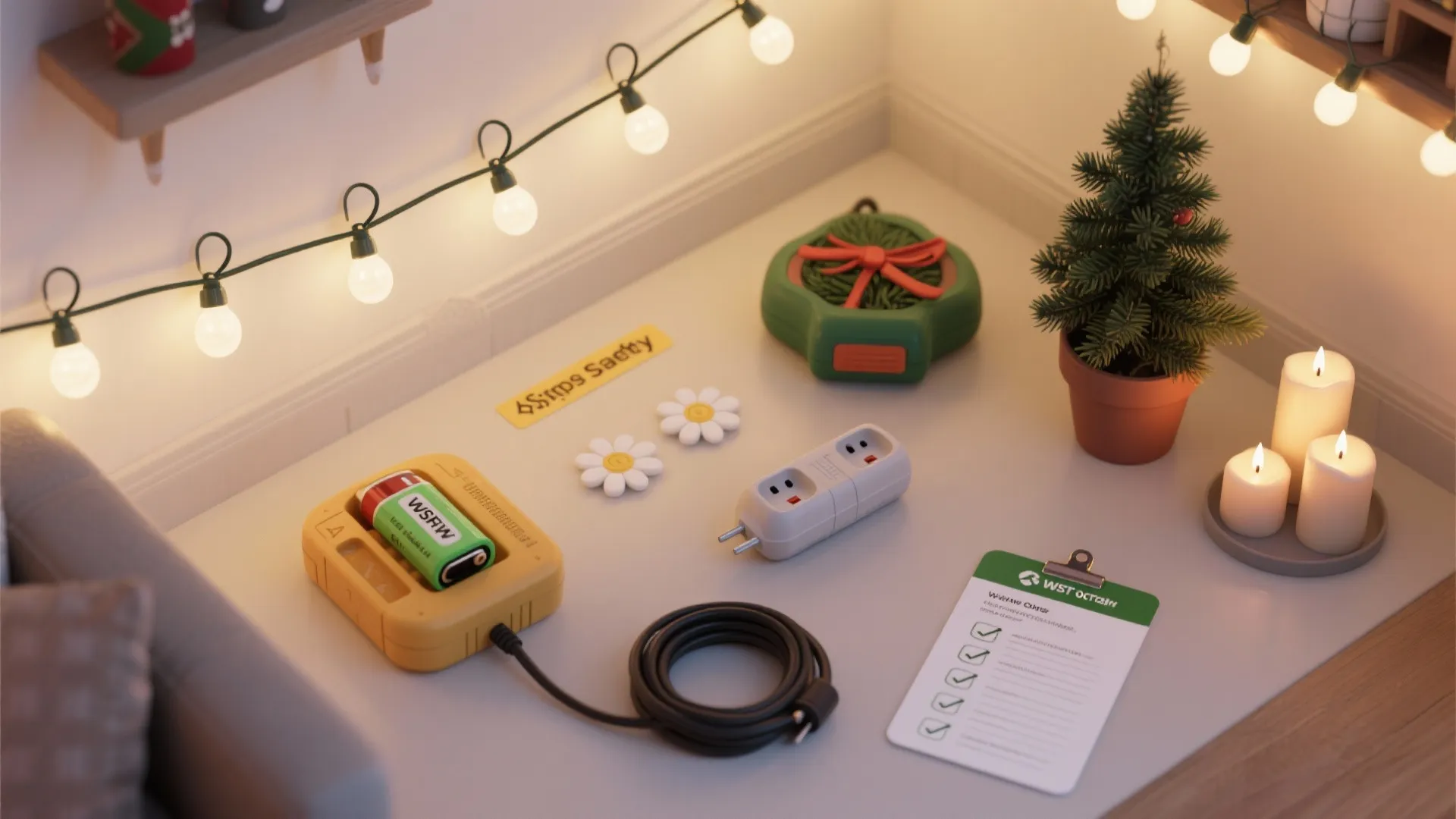 Interior design safety checklist with battery power strip small tree candles and light bulbs on table