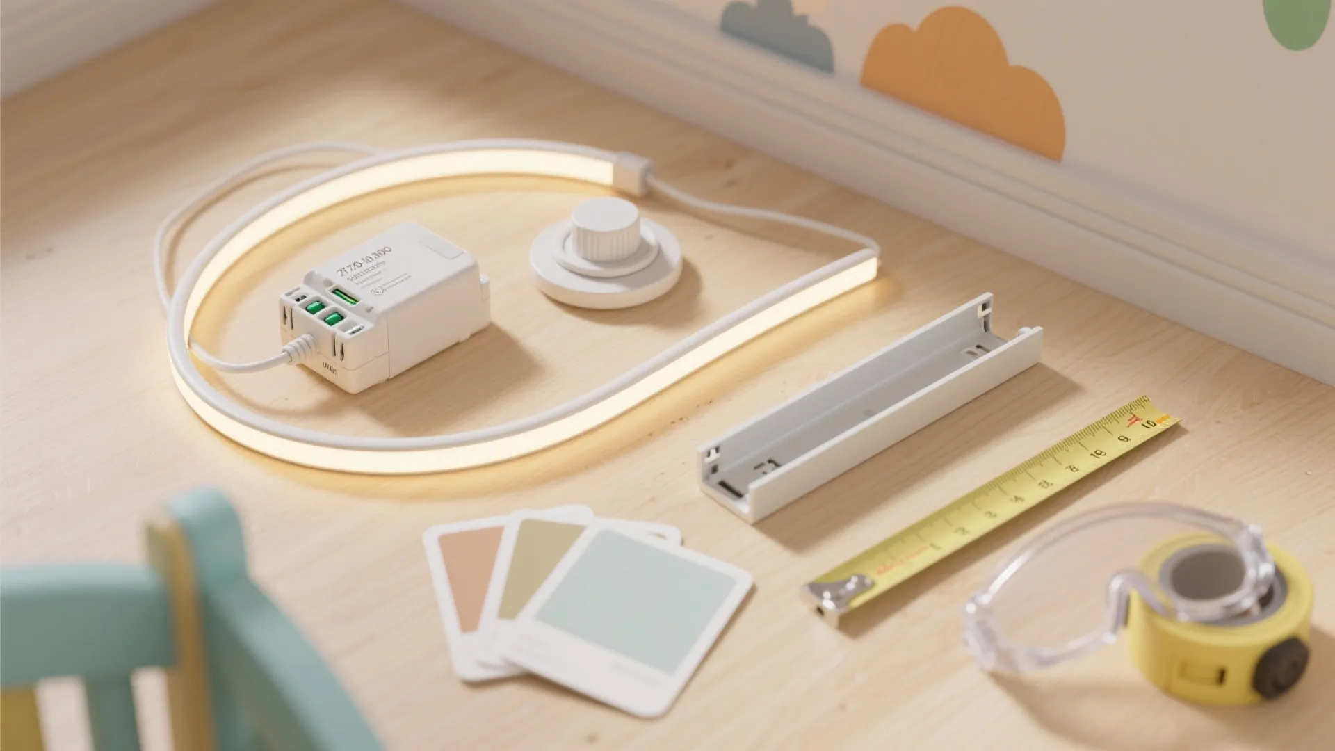 Table with strip light parts including power adapter and dimming knob plus color cards and tools