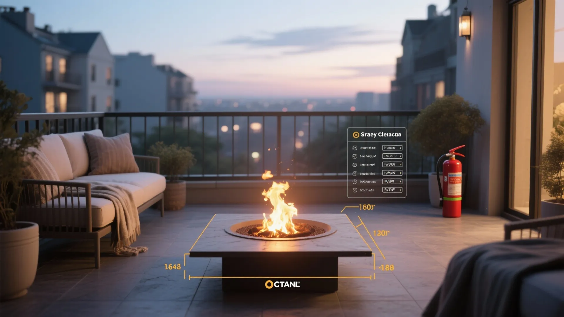 Outdoor patio fire pit with safety dimensions shown next to a sofa and fire extinguisher