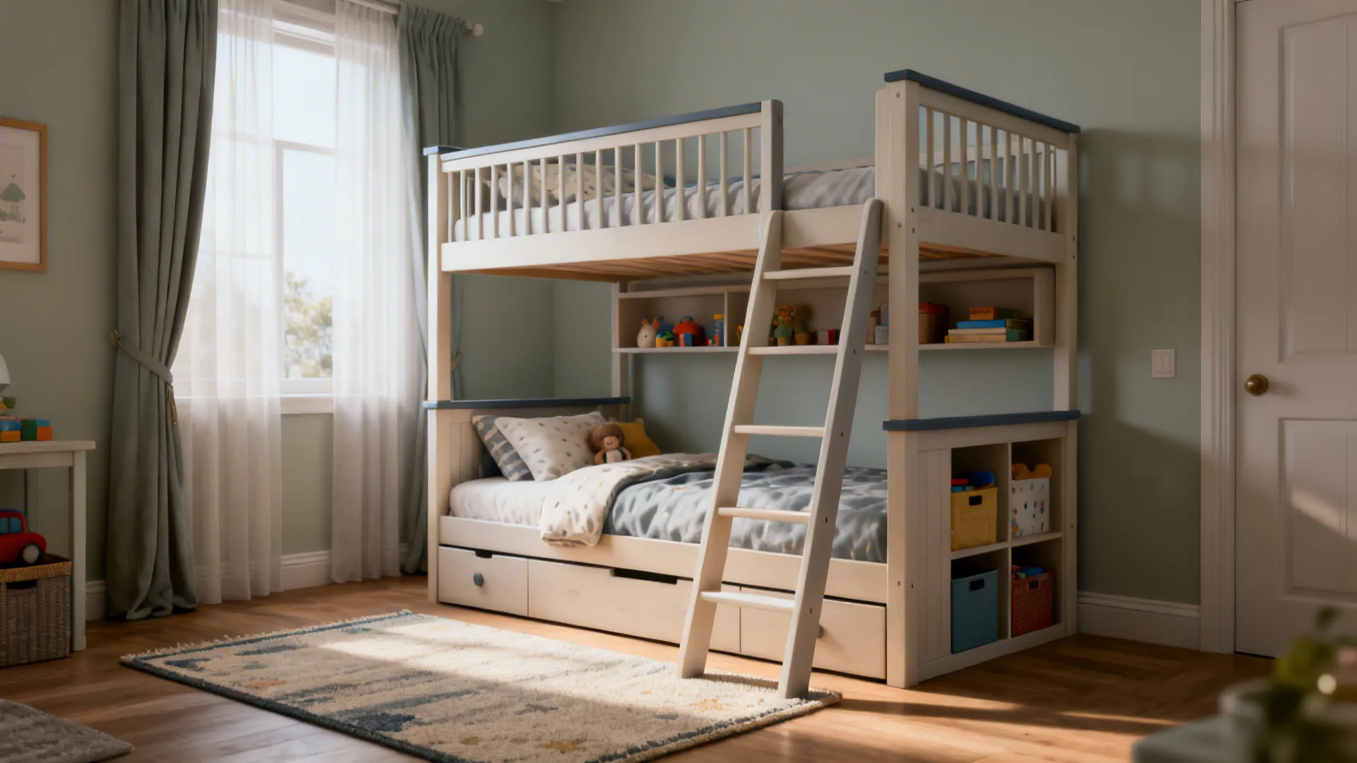 Bedroom vignette showing bunk safety, circulation space, and labeled storage zones.