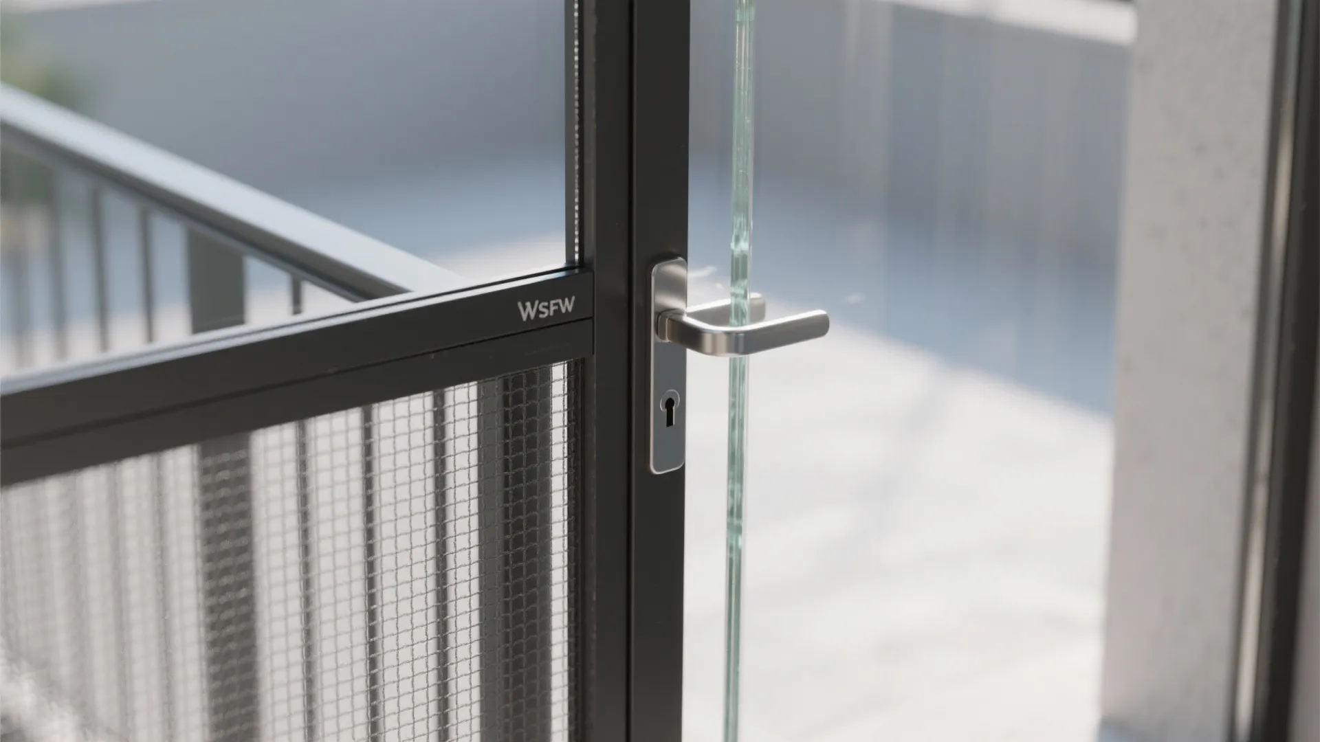 Close up of black metal door frame with silver handle and protective mesh screen feature