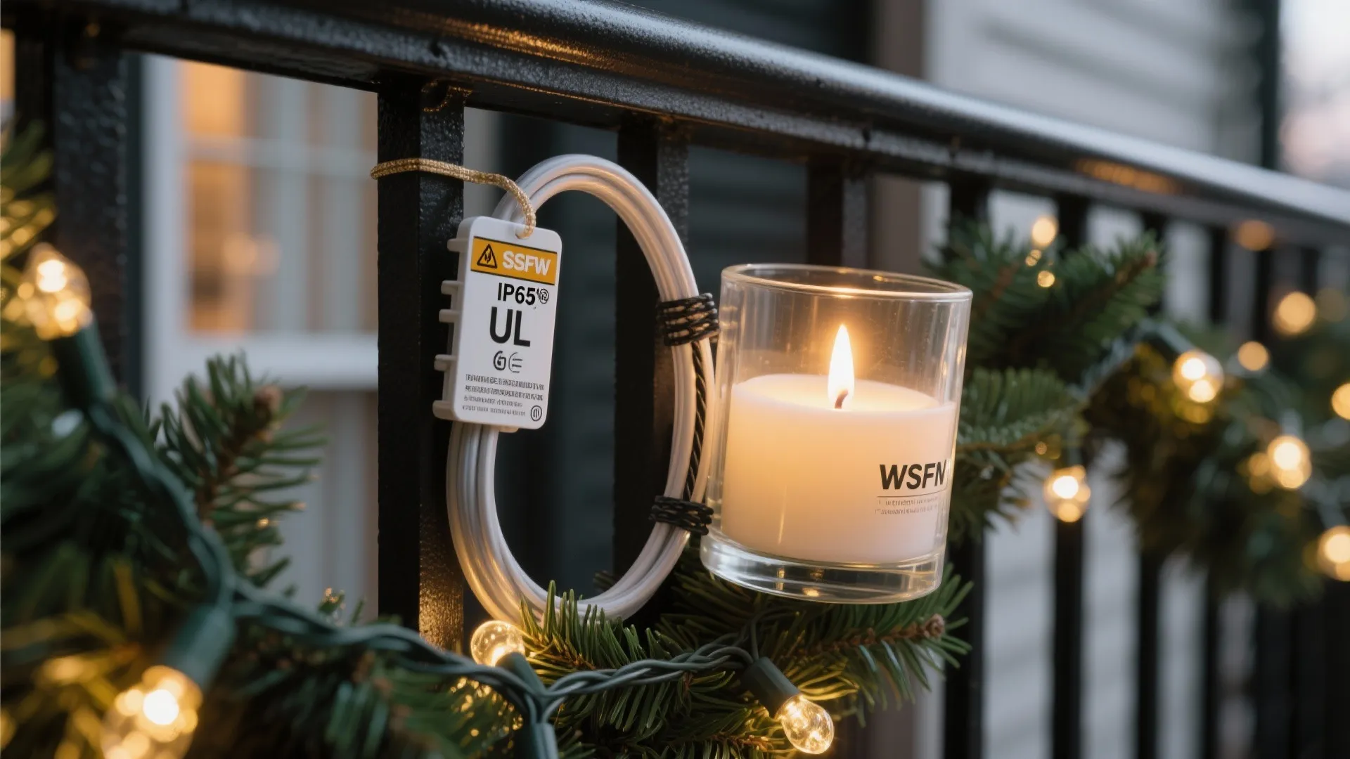 White cable with safety tag on balcony railing near lit candle and Christmas light decorations