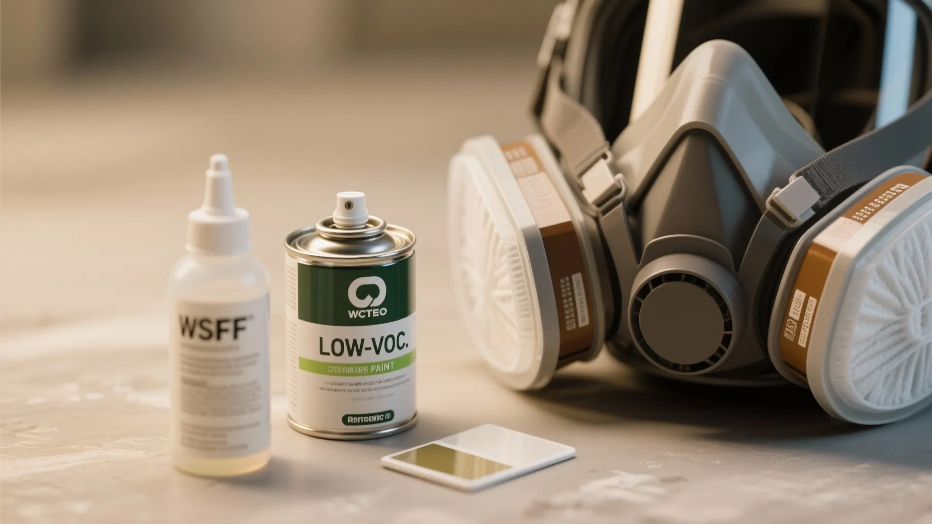 Macro close-up of a respirator mask beside low-VOC spray paint, primer and clear coat samples.