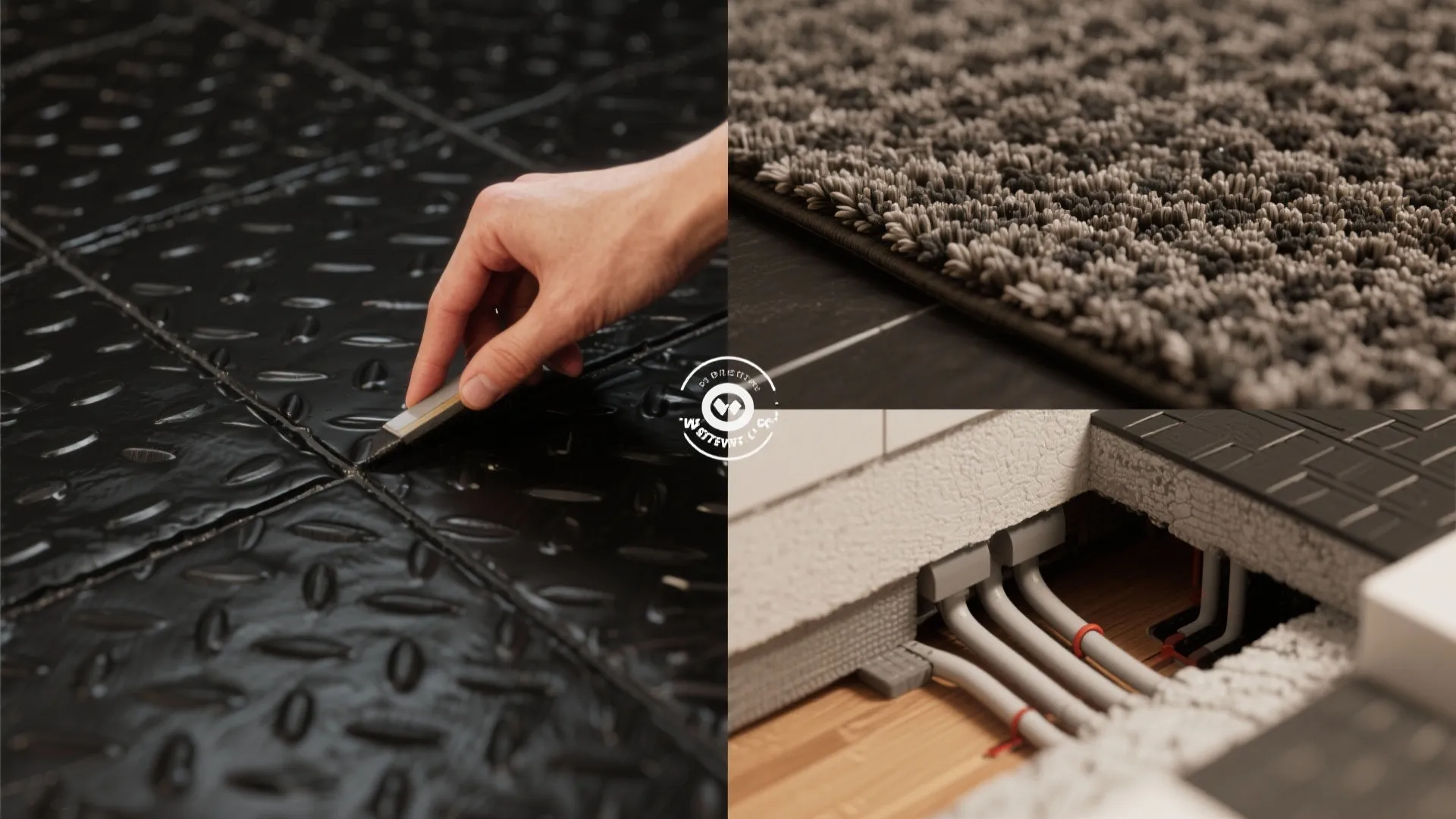 Interior design drawing showing floor installation steps with rubber tiles rug and underfloor heating pipes
