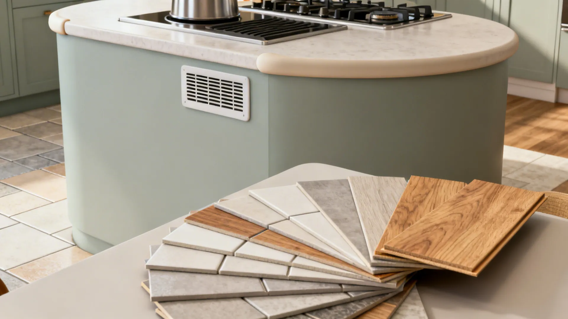 Detail showing child-safe rounded island corner, range hood, and durable flooring samples for open-plan spaces.