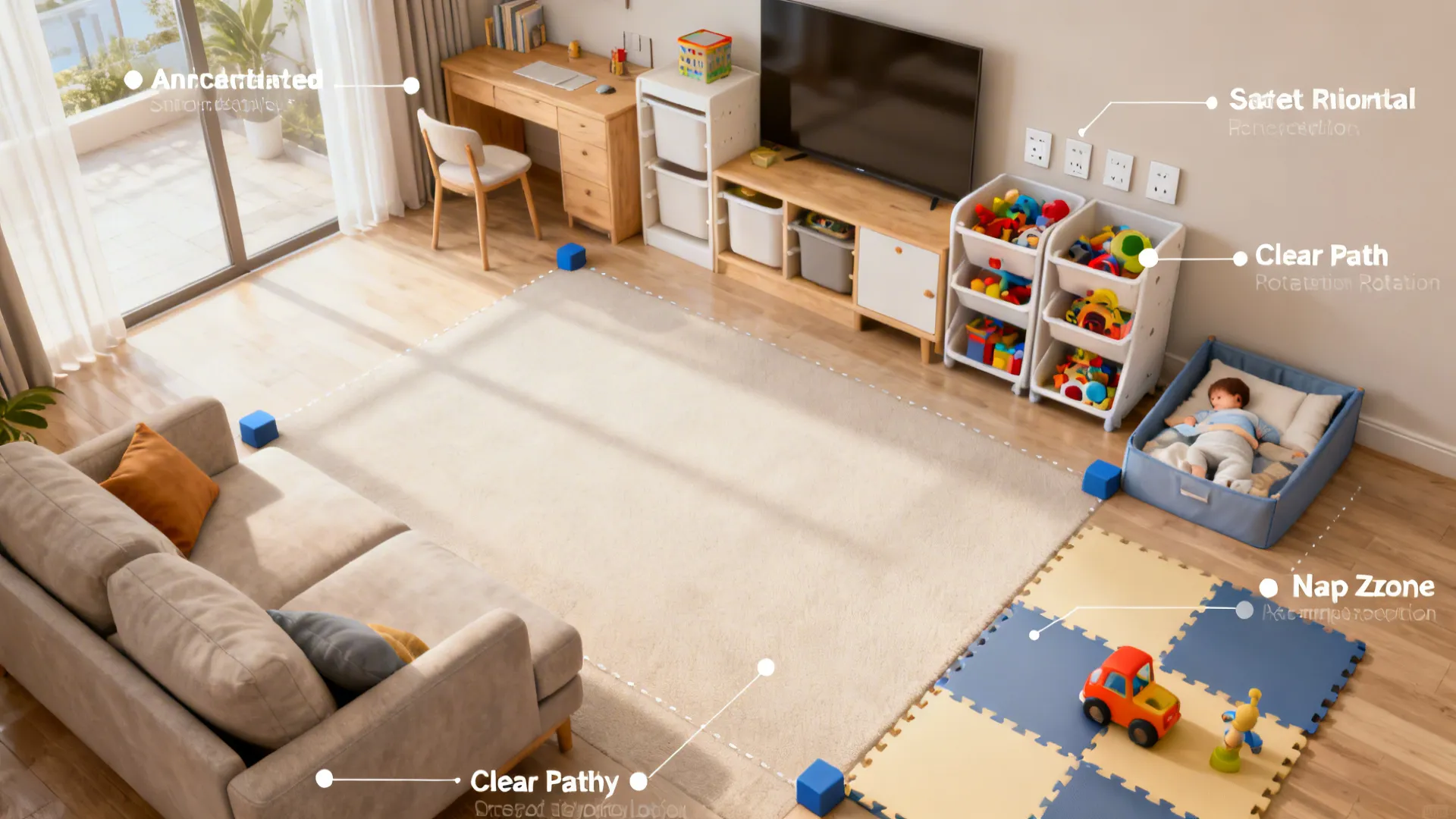 Top-down overview of living room showing safety features and layout ideas for a home daycare.
