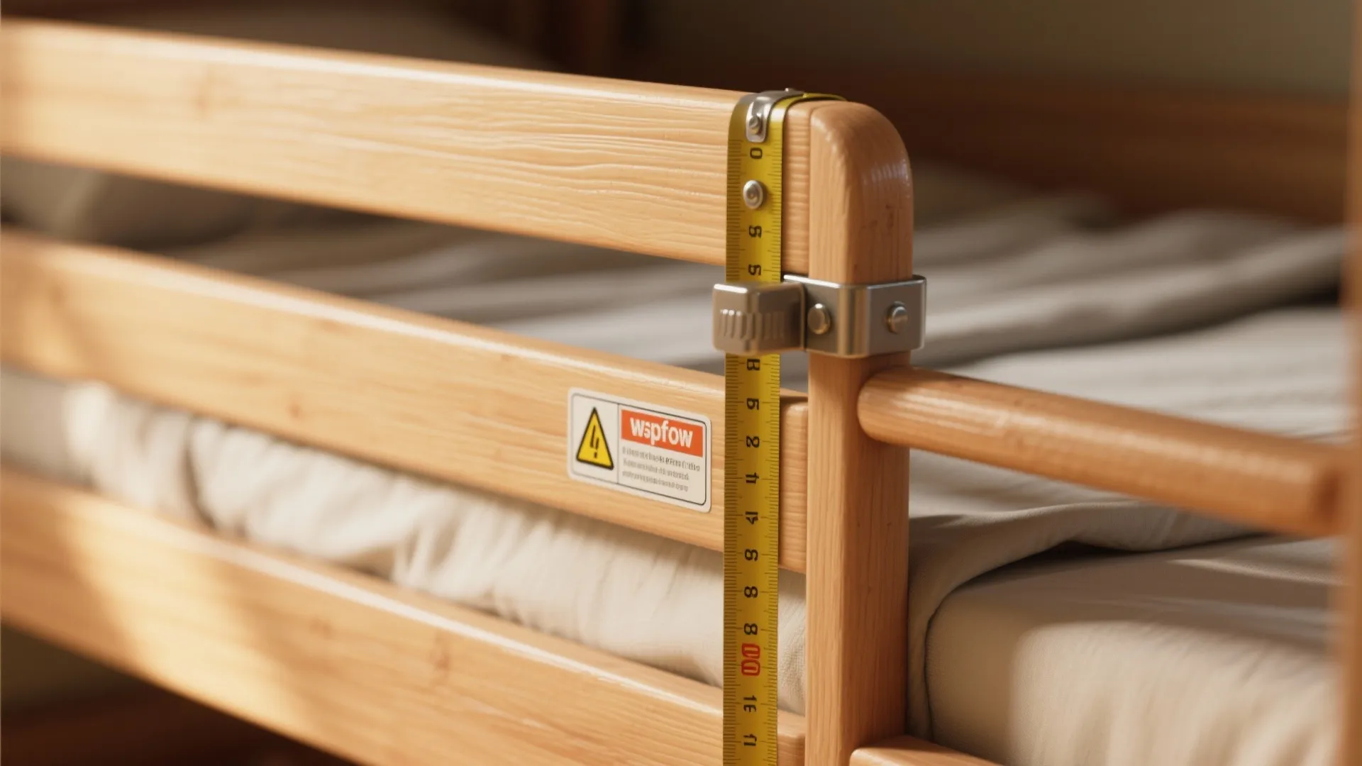 Close up view of a yellow measuring tape checking height of wooden bed safety guard rails