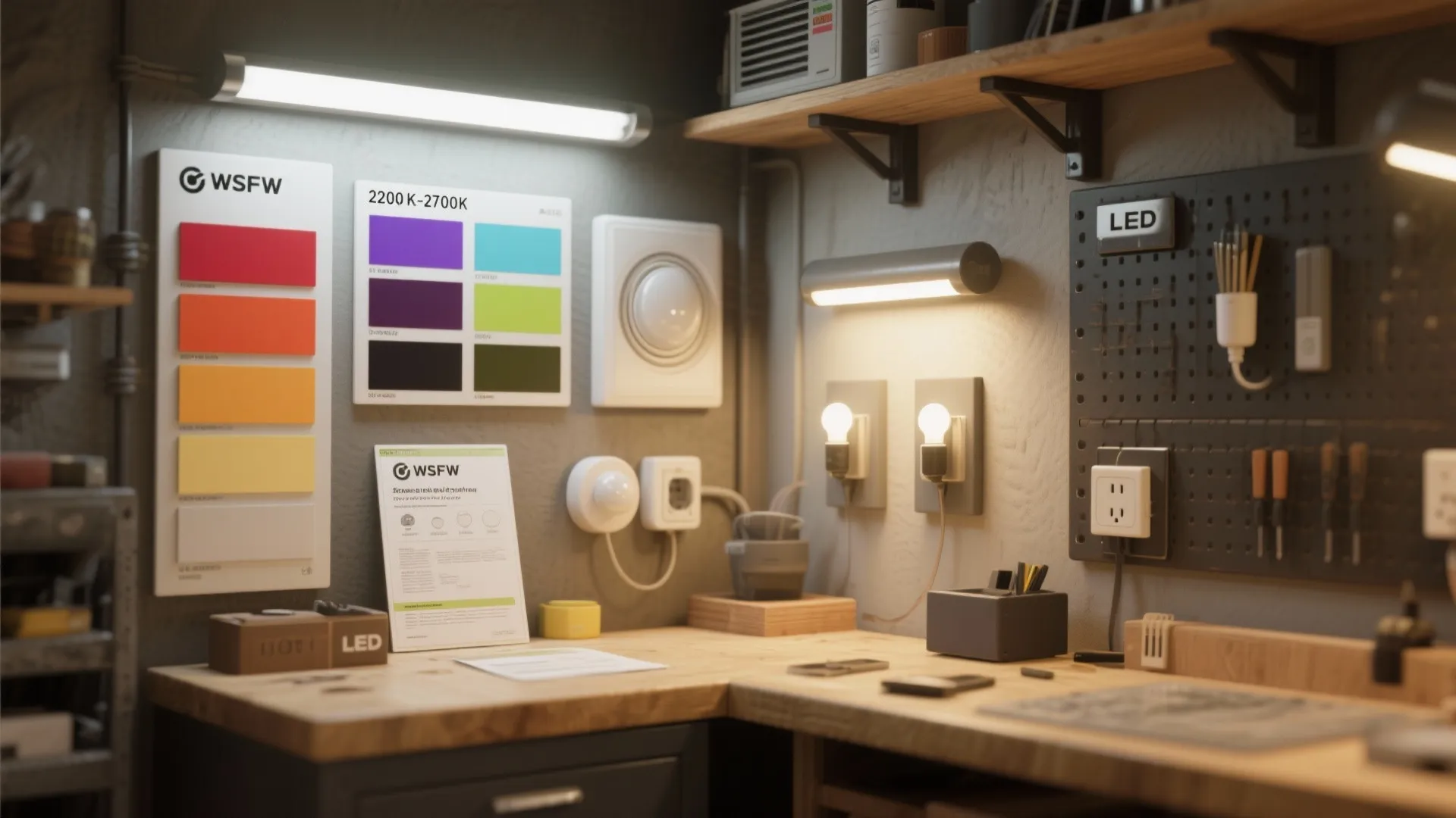 Workshop desk with color samples wall lights pegboard tools and electrical outlets for interior design project