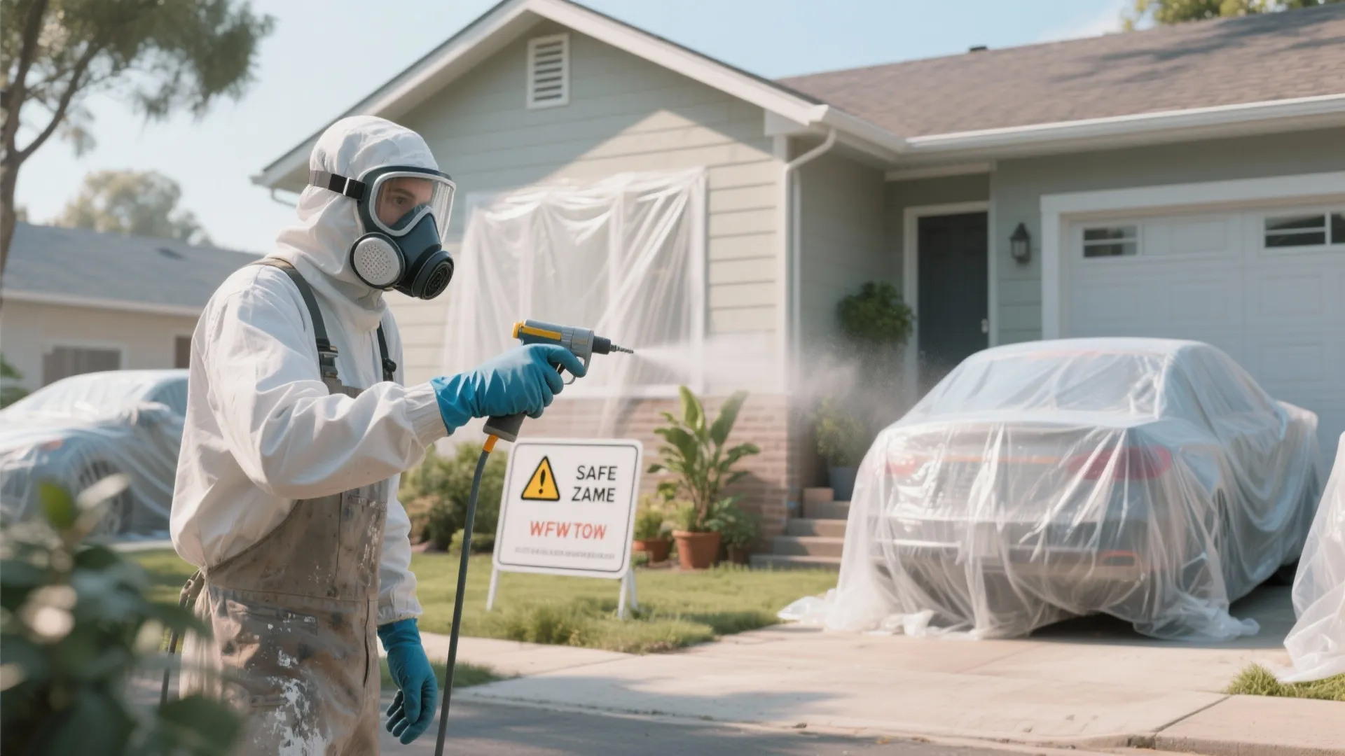 Person wearing white protective suit and mask sprays liquid outside house with plastic covered car