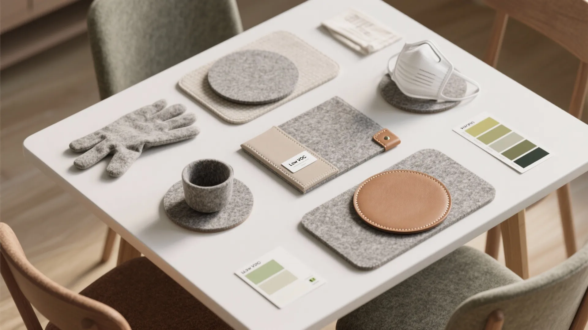 Flatlay of felt pads, coasters, placemats, safety mask and low-VOC paint samples for table maintenance.