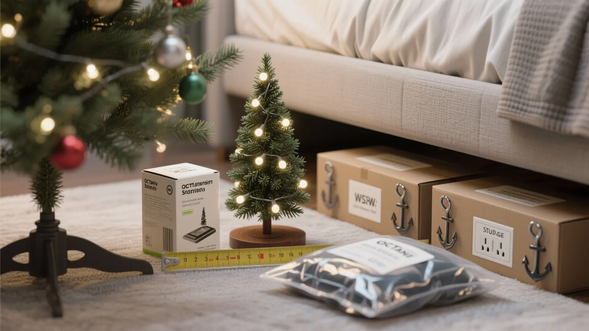 Close-up of measuring tape, LED light packaging, anchor hooks and storage bags illustrating safety and storage tips for small-space holiday decor.