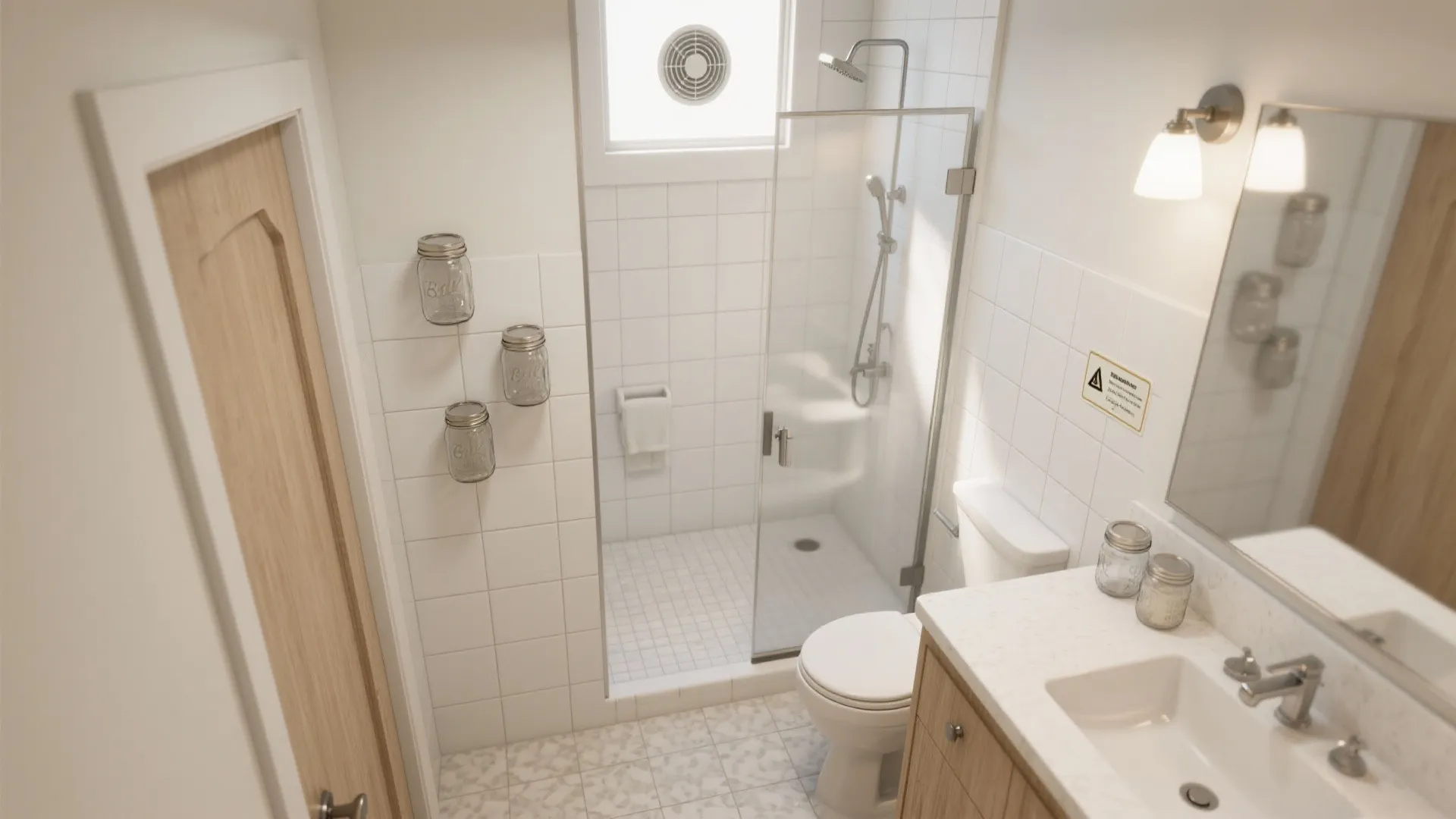 Modern bright bathroom featuring white wall tiles glass shower door toilet wooden cabinet and vanity sink