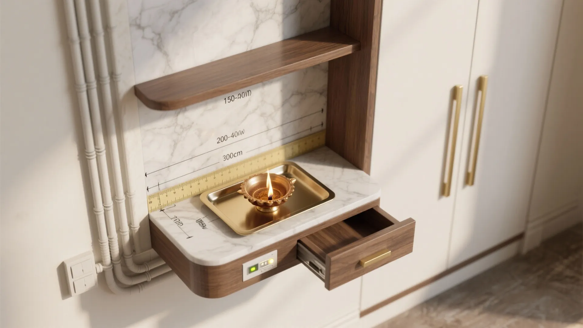 Interior design drawing showing marble counter with oil lamp and measurements on a white wall