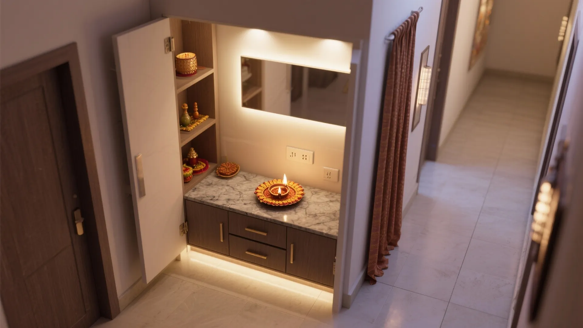 Small prayer room with marble counter and wooden drawers next to a white door hallway
